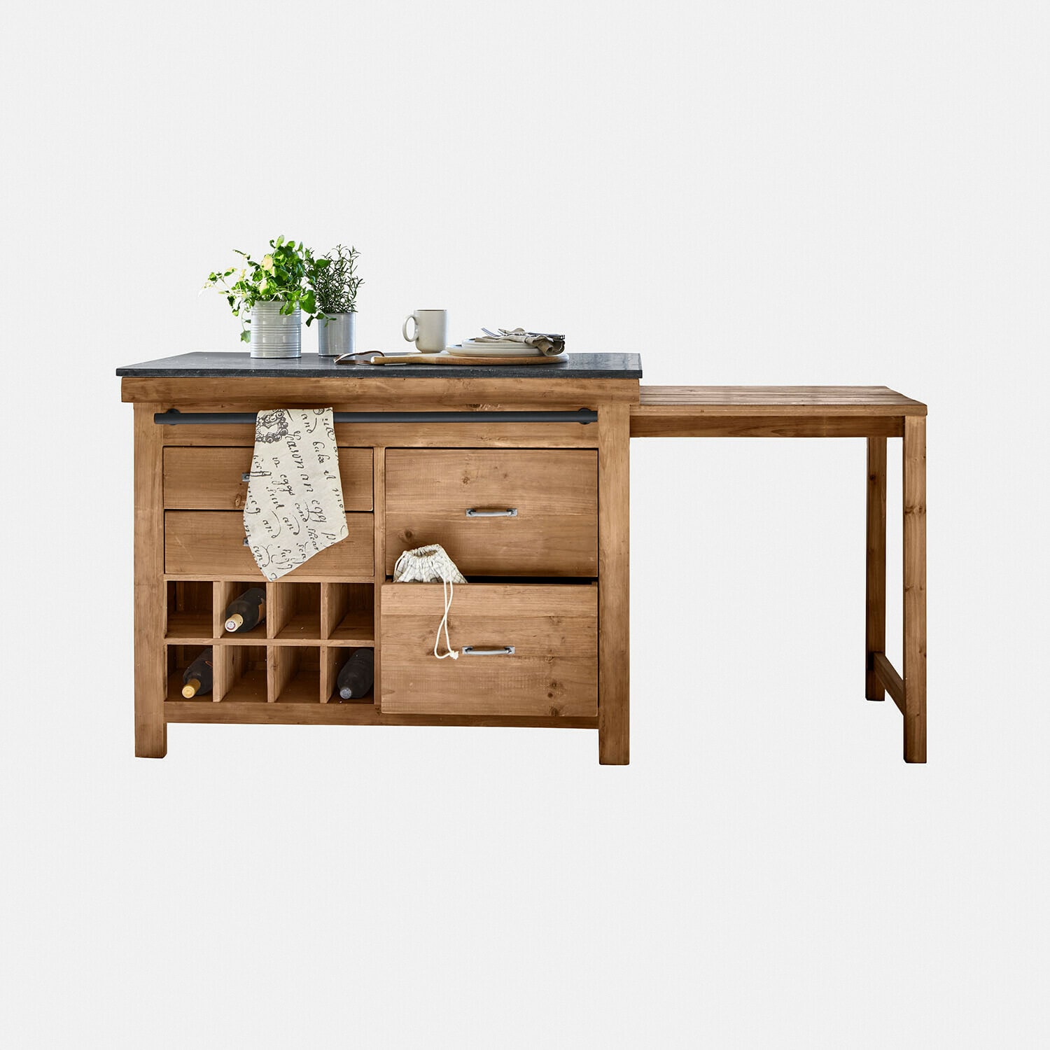 Mobile da cucina Sunnybrook Isola cucina in legno con piano nero e portabottiglie, mobile funzionale per cucina