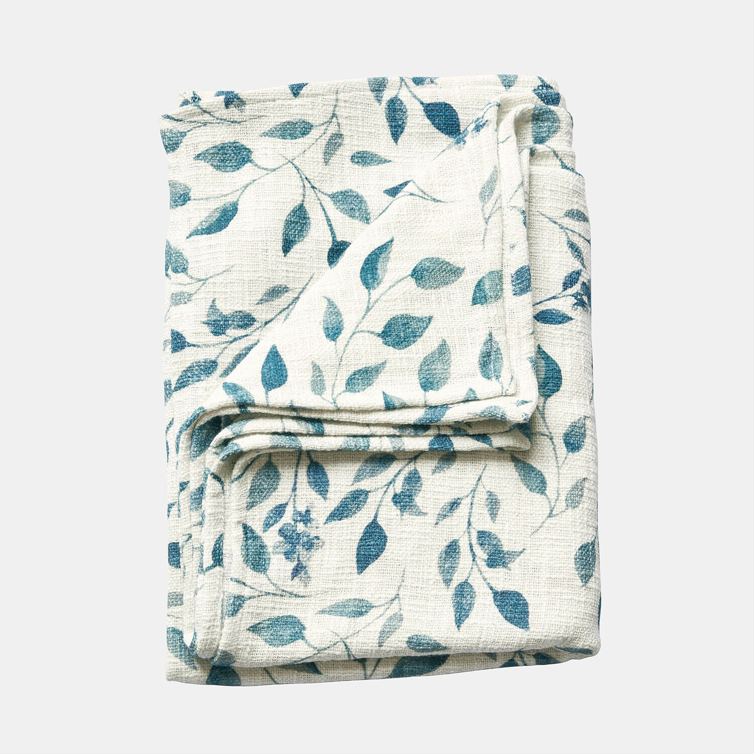 Coperta Ocevara Coperta bianca piegata con motivo foglie blu, tessuto morbido, accessorio tessile decorativo per la casa
