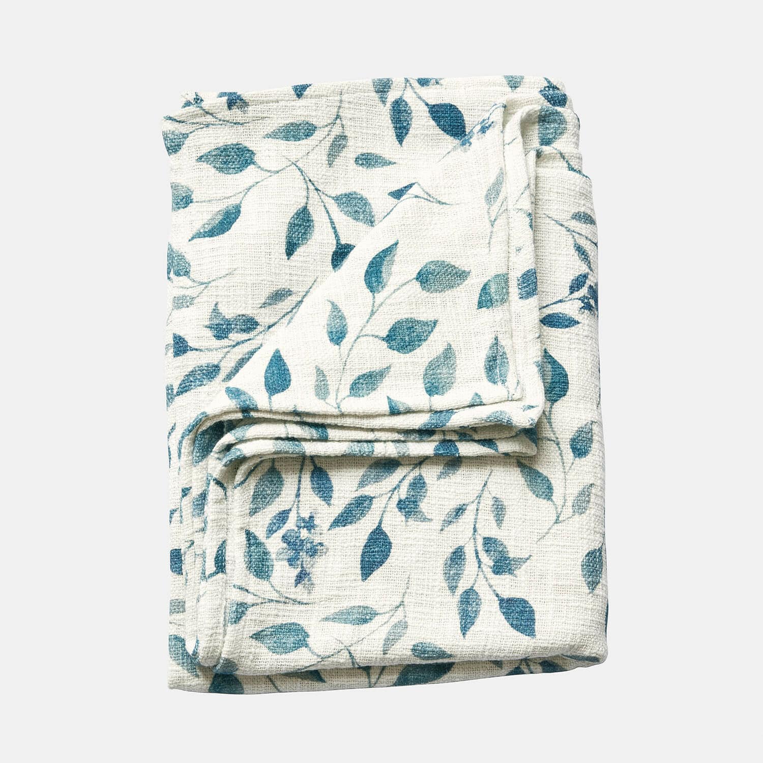 Coperta Ocevara Coperta bianca piegata con motivo foglie blu, tessuto morbido, accessorio tessile decorativo per la casa