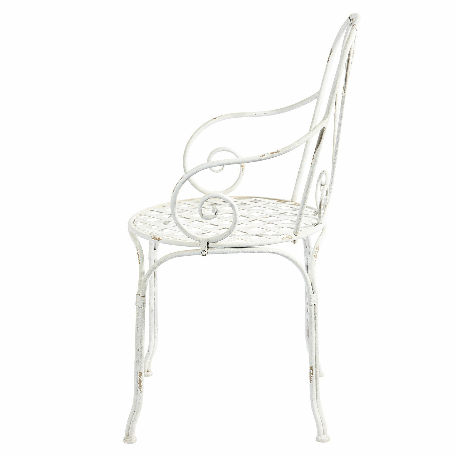 bianco antico Sedia Aube in metallo bianco antico con braccioli curvi e seduta traforata decorativa
