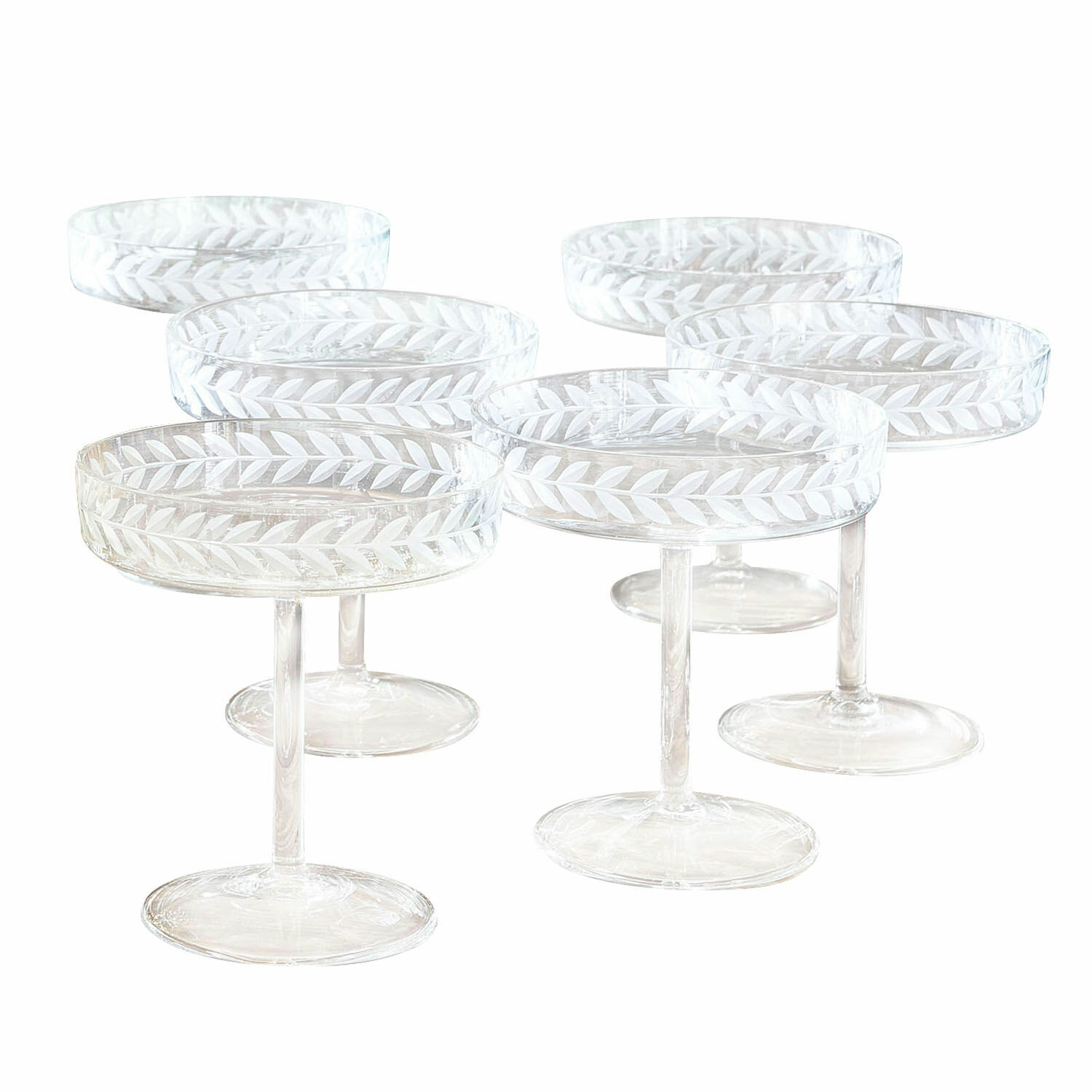 Set di 6 coppe per champagne Macomb Set di sei bicchieri trasparenti con gambo e motivo inciso a foglie, vetro decorativo