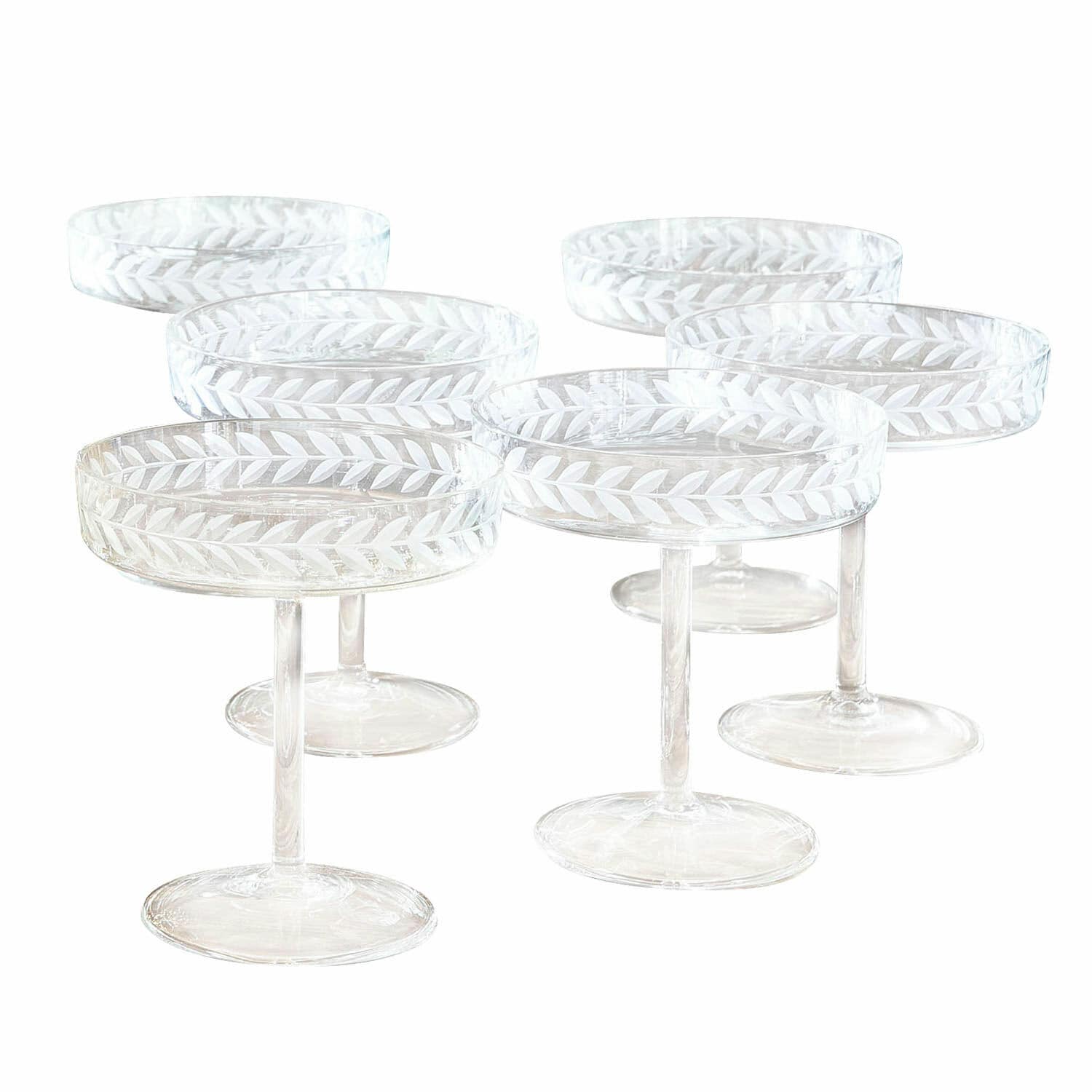 Set di 6 coppe per champagne Macomb Set di sei bicchieri trasparenti con gambo e motivo inciso a foglie, vetro decorativo