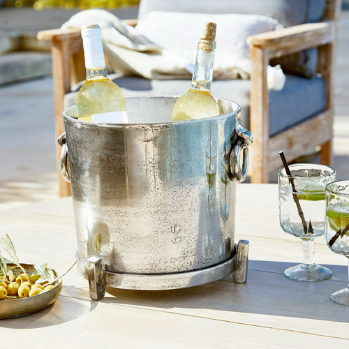 Secchiello per ghiaccio in metallo argento con manici, perfetto per raffreddare bottiglie di vino in terrazza