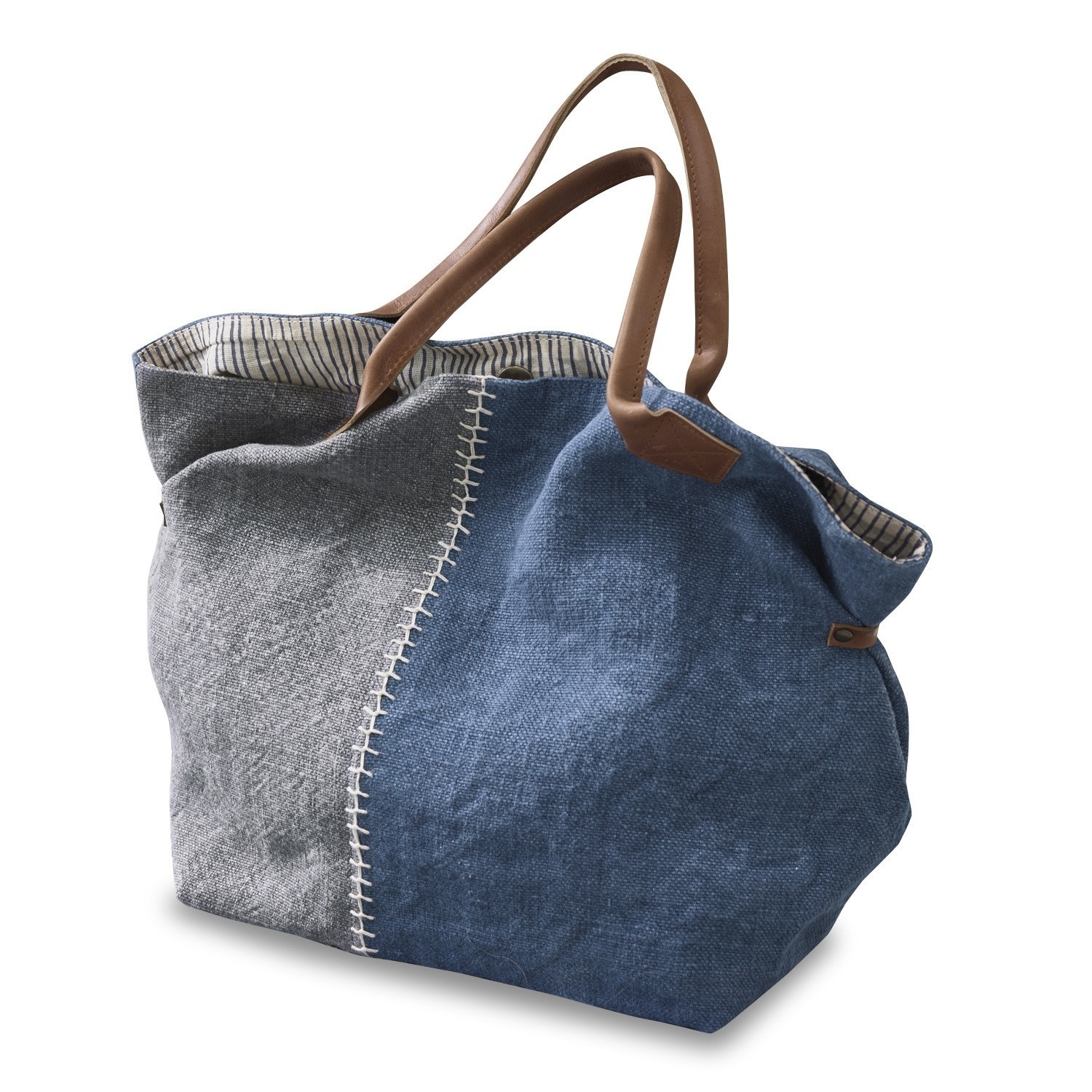 Borsa Deux-Parts Borsa in tessuto blu e grigio con manici in ecopelle marrone, capiente e casual