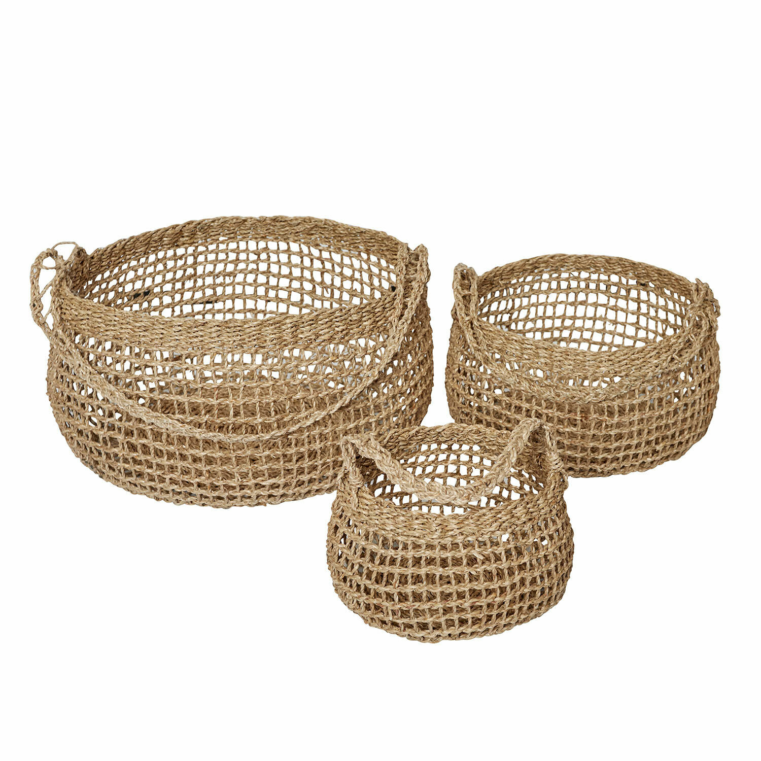 Set di 3 cestini Ventourelle Set di tre cesti rotondi in juta naturale colore naturale per conservazione e decorazione