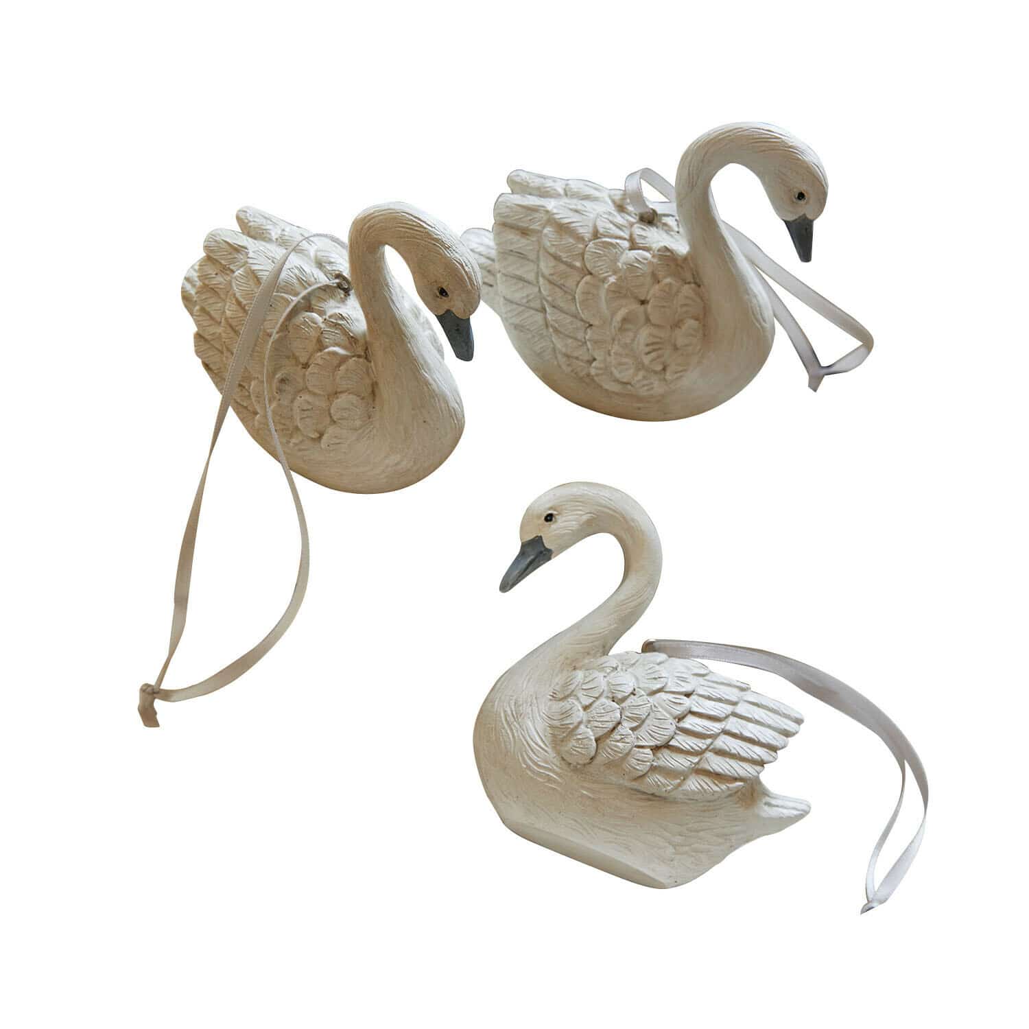 Set di 3 ciondoli Elarin Set di tre decorazioni cigni bianchi in ceramica con nastri per appendere, decorazione natalizia