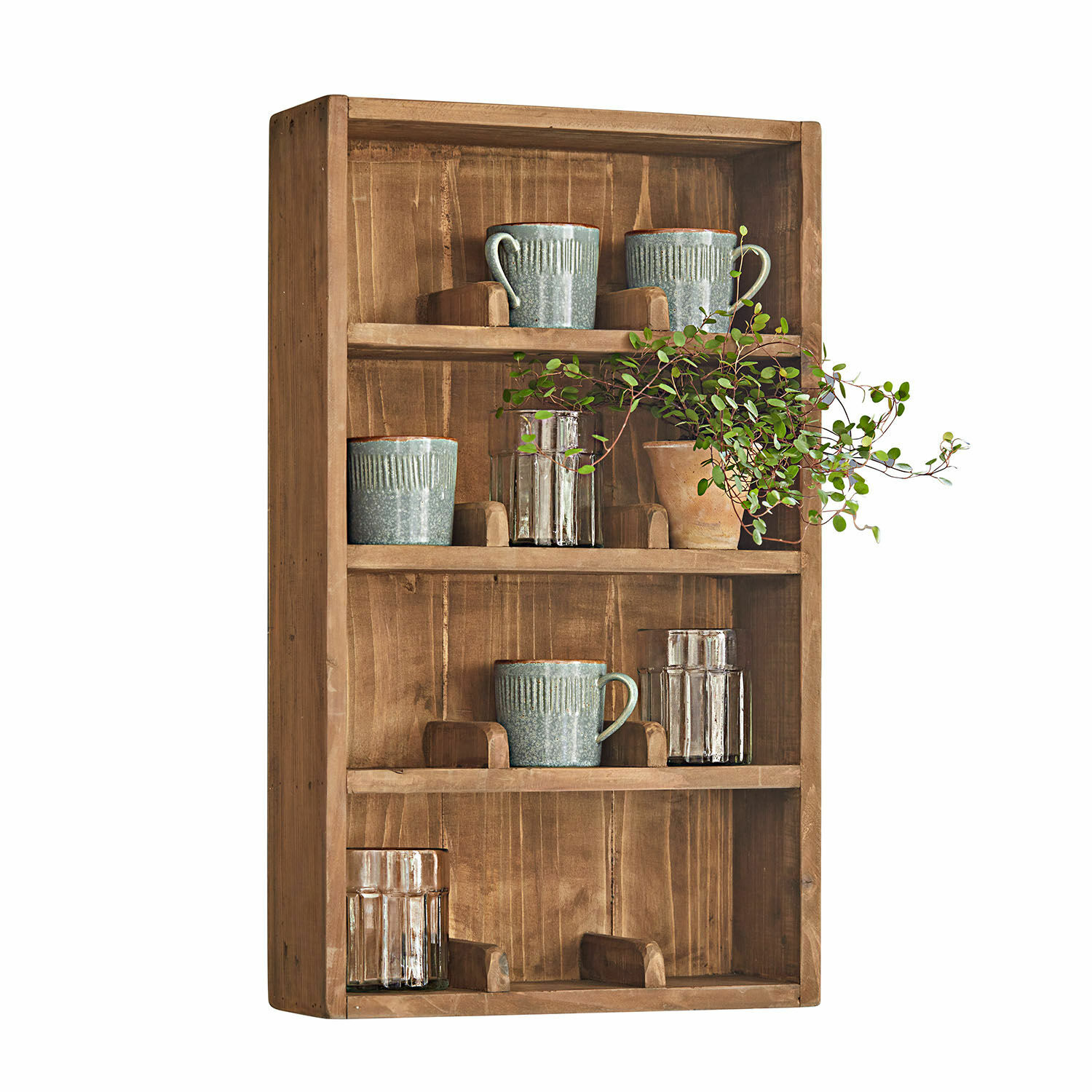 Scaffale da parete Sunnybrook Mensola da parete in legno naturale con tazze in ceramica e bicchieri per cucina rustica