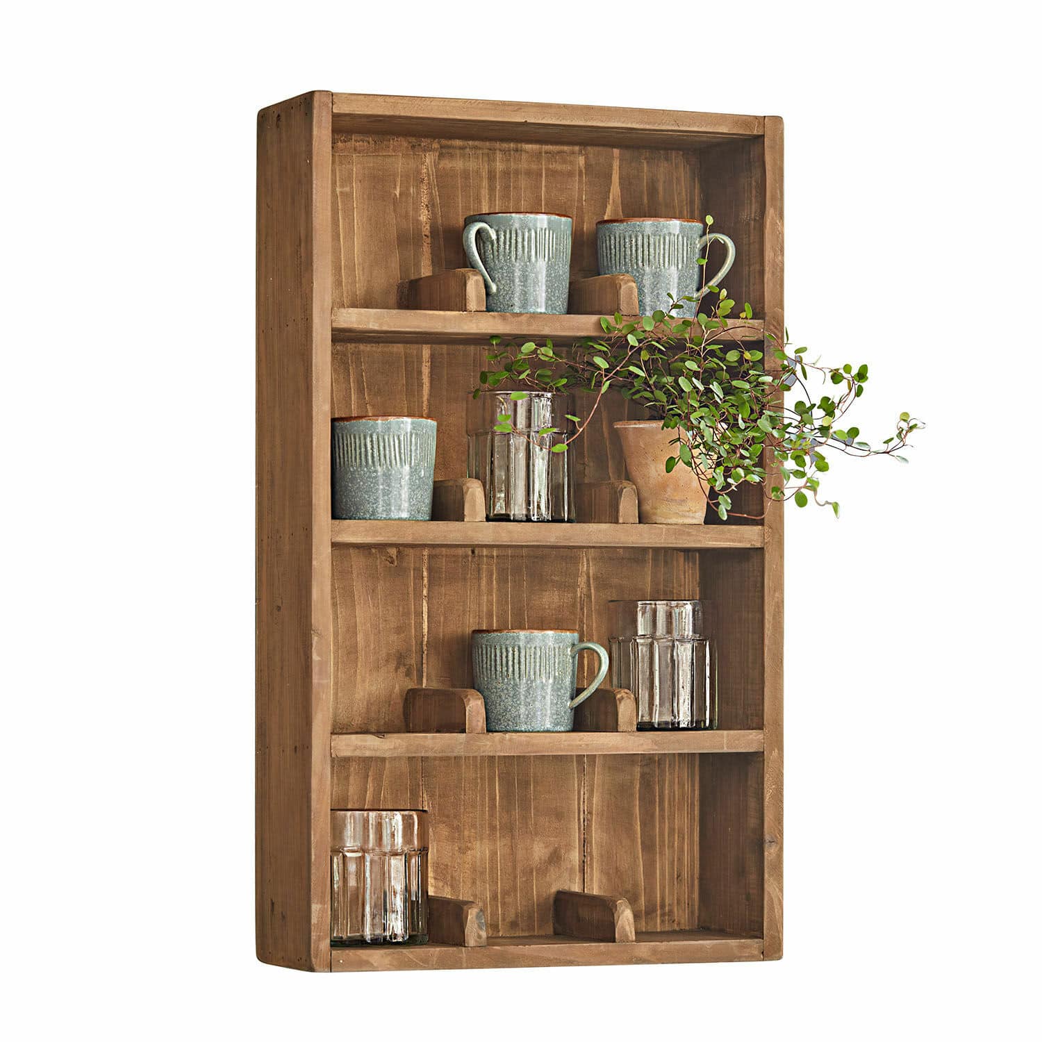 Scaffale da parete Sunnybrook Mensola da parete in legno naturale con tazze in ceramica e bicchieri per cucina rustica