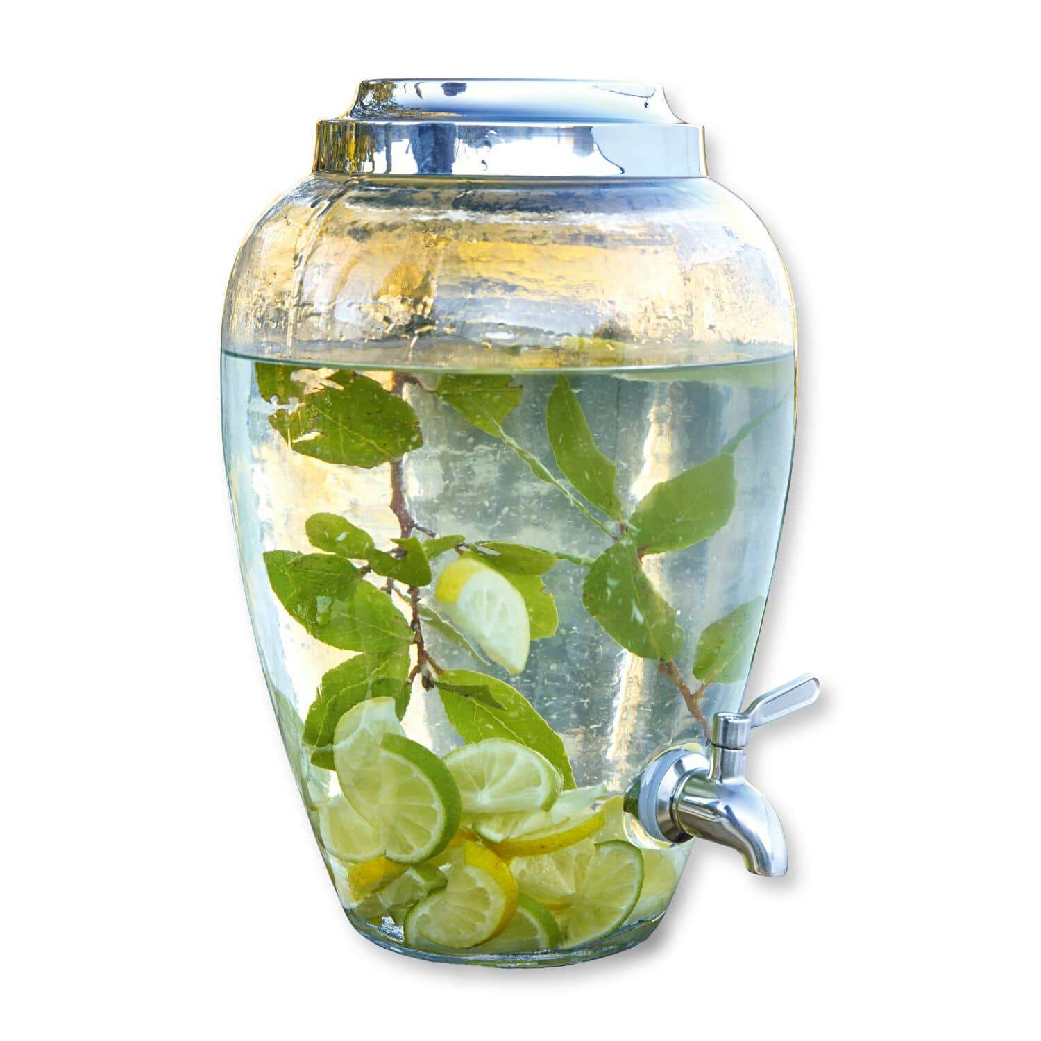 Dispenser di bevande Avrilla Dispenser per bevande in vetro con rubinetto, riempito con acqua, fette di limone e foglie di menta