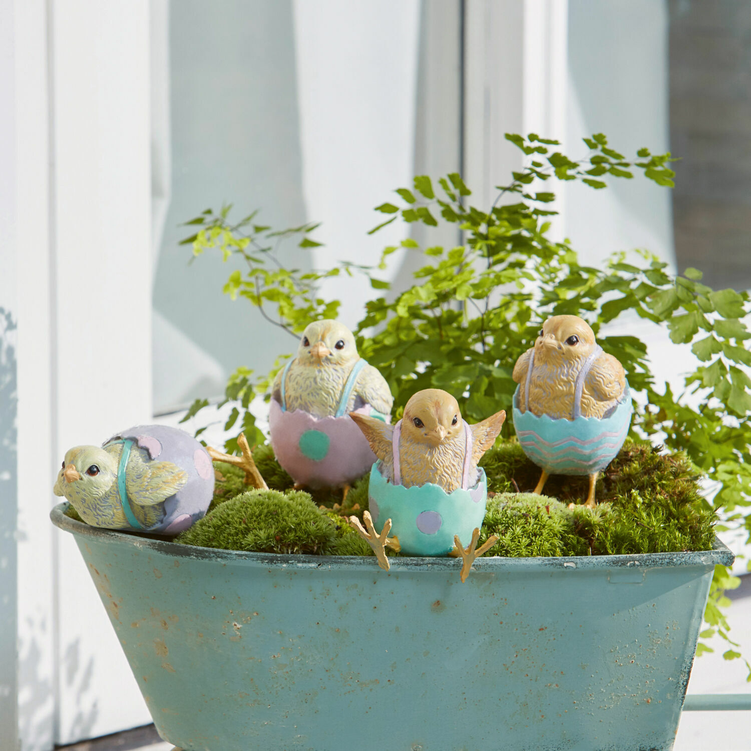 Set di 4 pulcini Persienne Figure decorative di pulcini in gusci pastello su muschio verde in carriola azzurra
