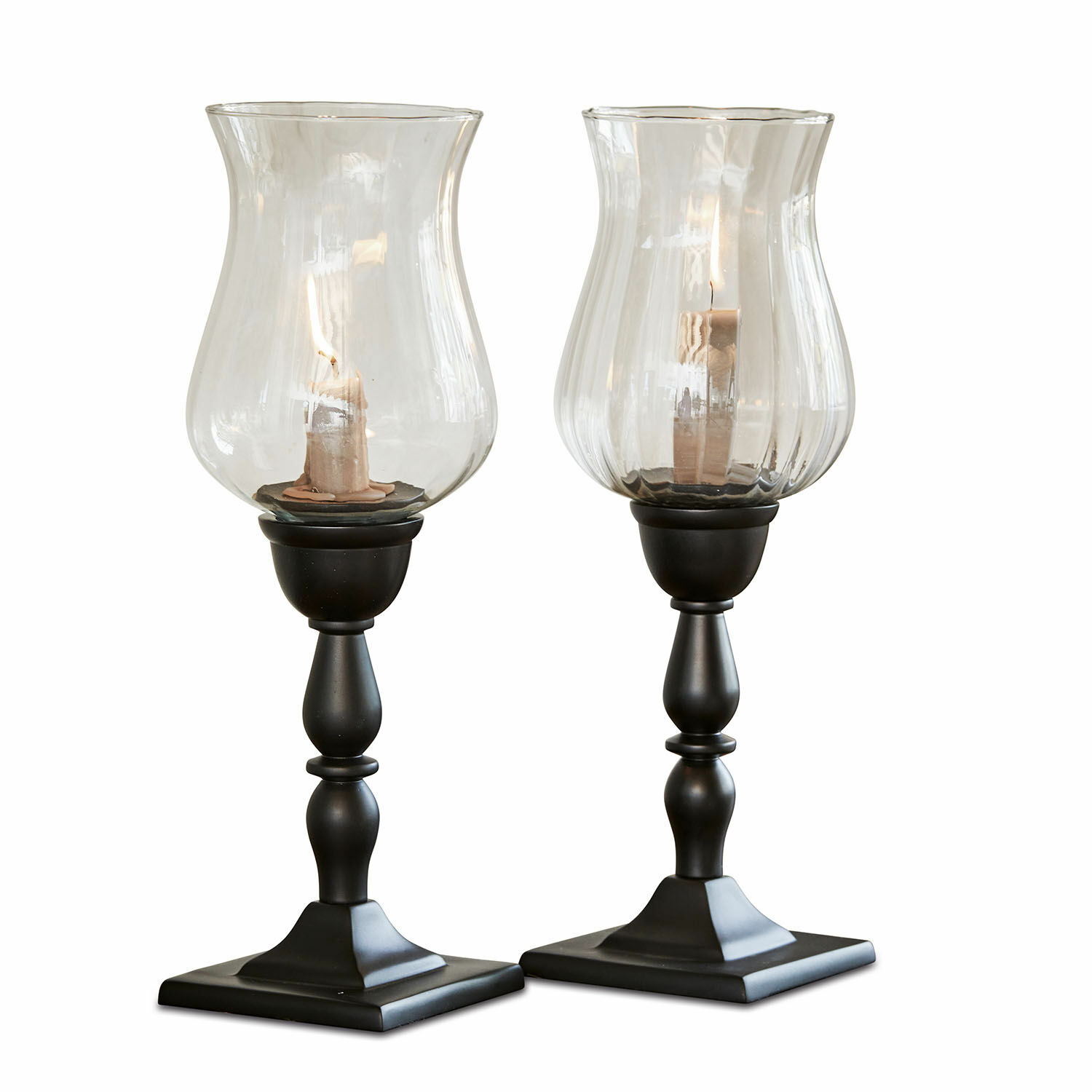 Coppia di portacandele Monteria Coppia di candelabri neri in metallo con paralume in vetro trasparente per candele