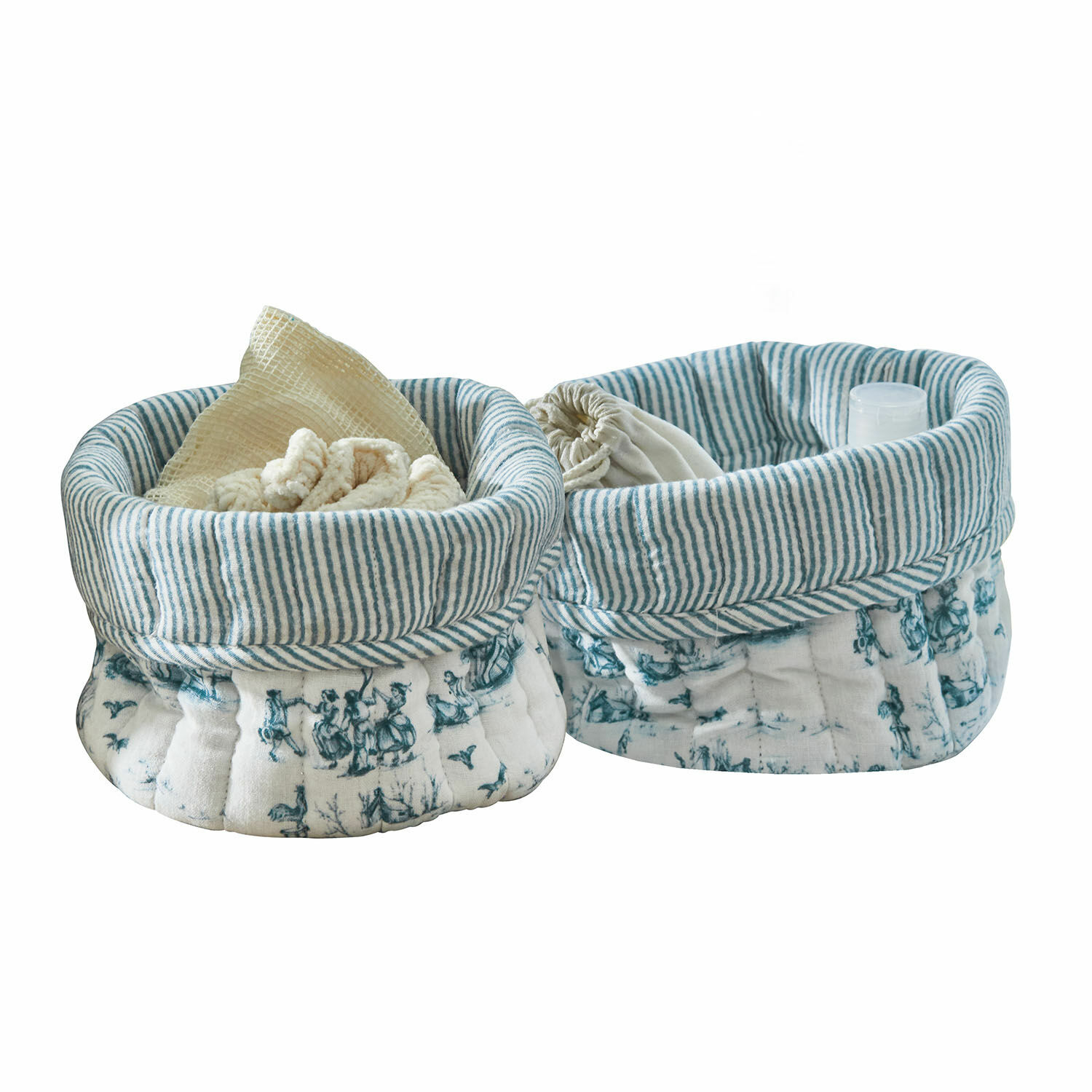 Coppia di cestini Emilie Due morbide ceste in cotone bianco e blu con motivi per conservare in casa