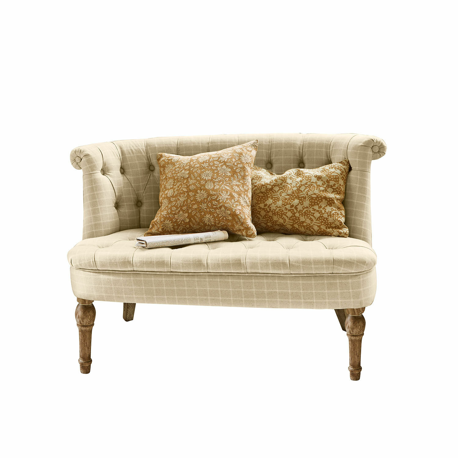 Divano Weralin Divano beige imbottito con gambe in legno e due cuscini decorativi con motivo floreale