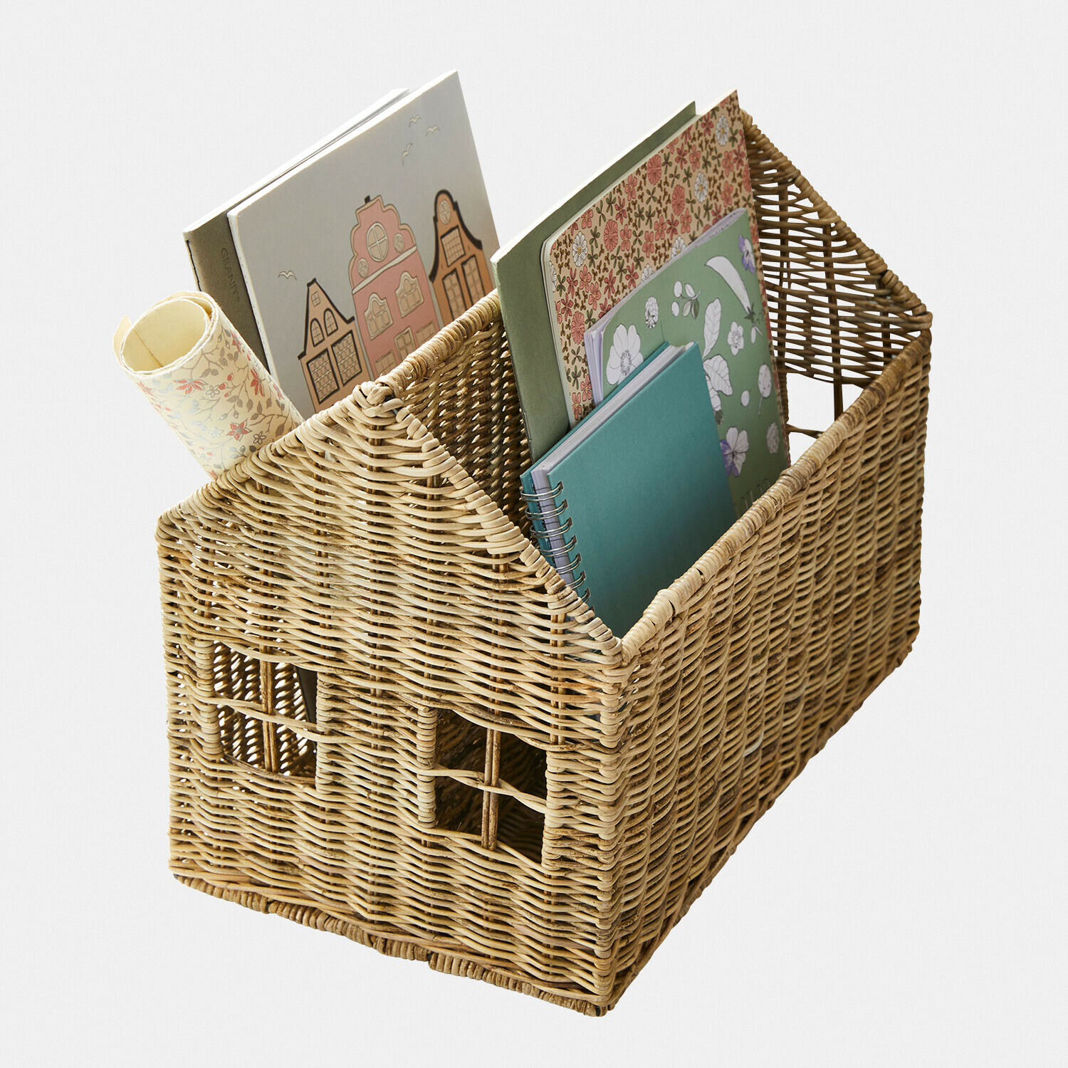 Portariviste Tillyroo Cesto in vimini a forma di casa con scomparti per libri e quaderni in colori pastello