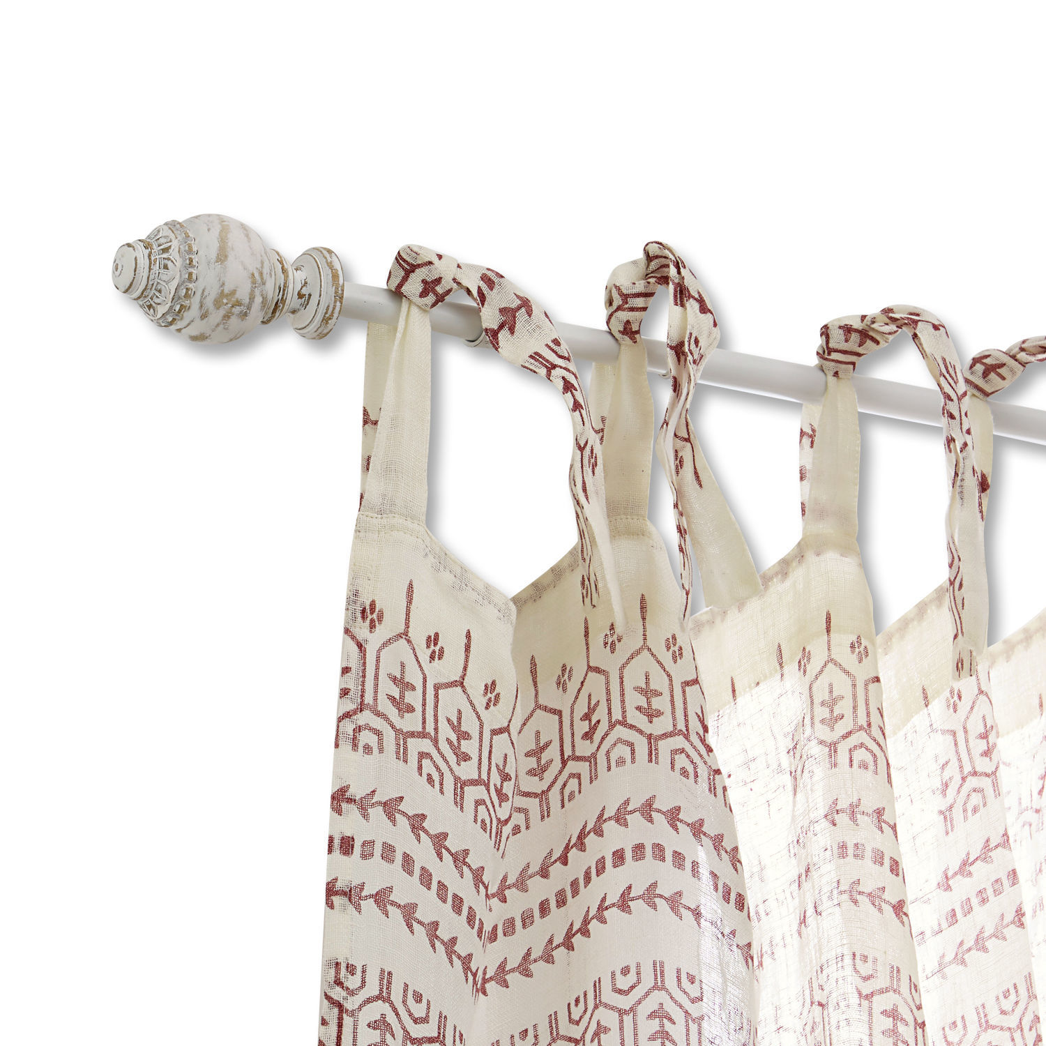 Bastone per tende Trangé Tenda in cotone color crema con motivo bordeaux appesa a bastone bianco con terminale decorativo