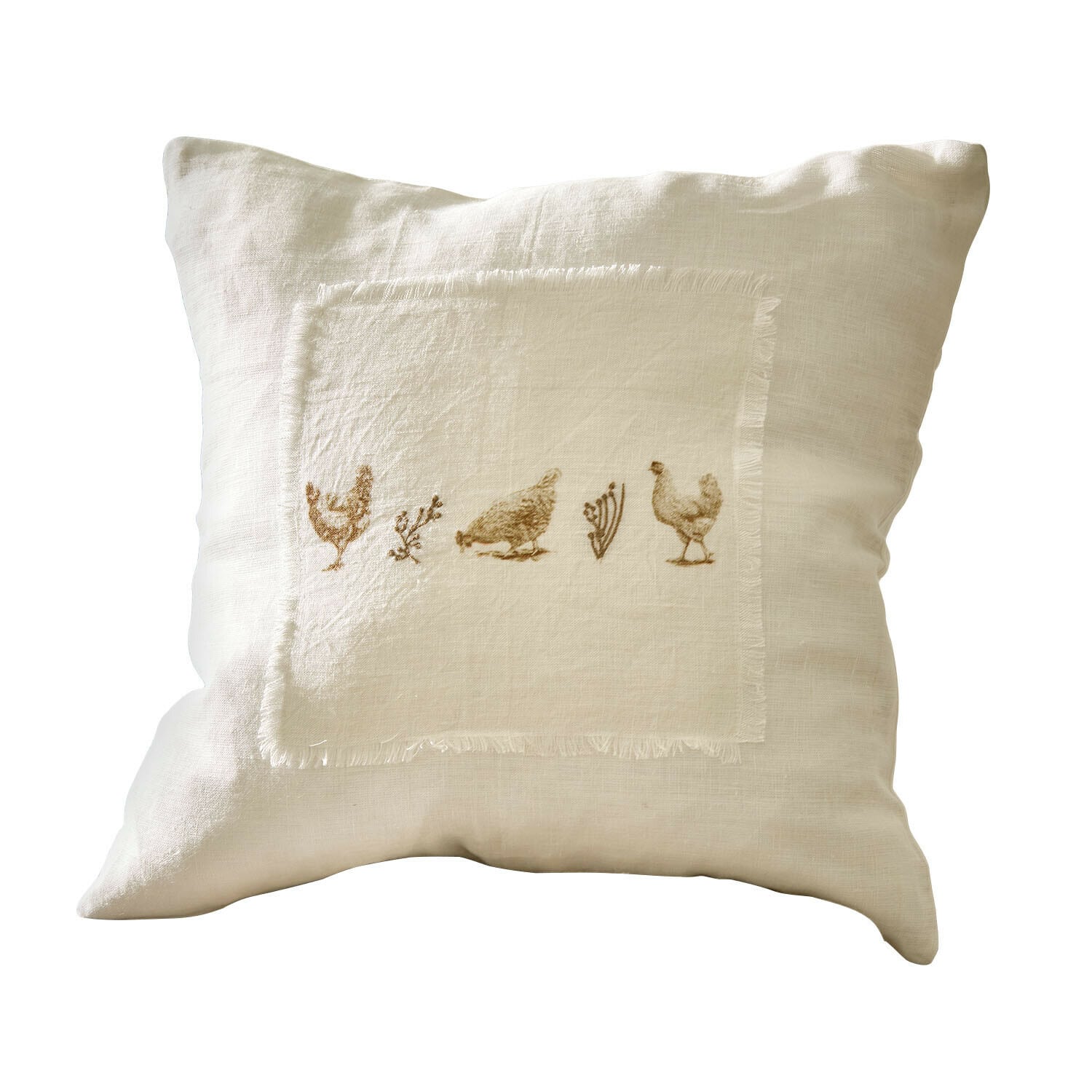 Copricuscino Chavéreau Cuscino beige in lino con stampa di galline e piante, copertura decorativa per soggiorno o camera