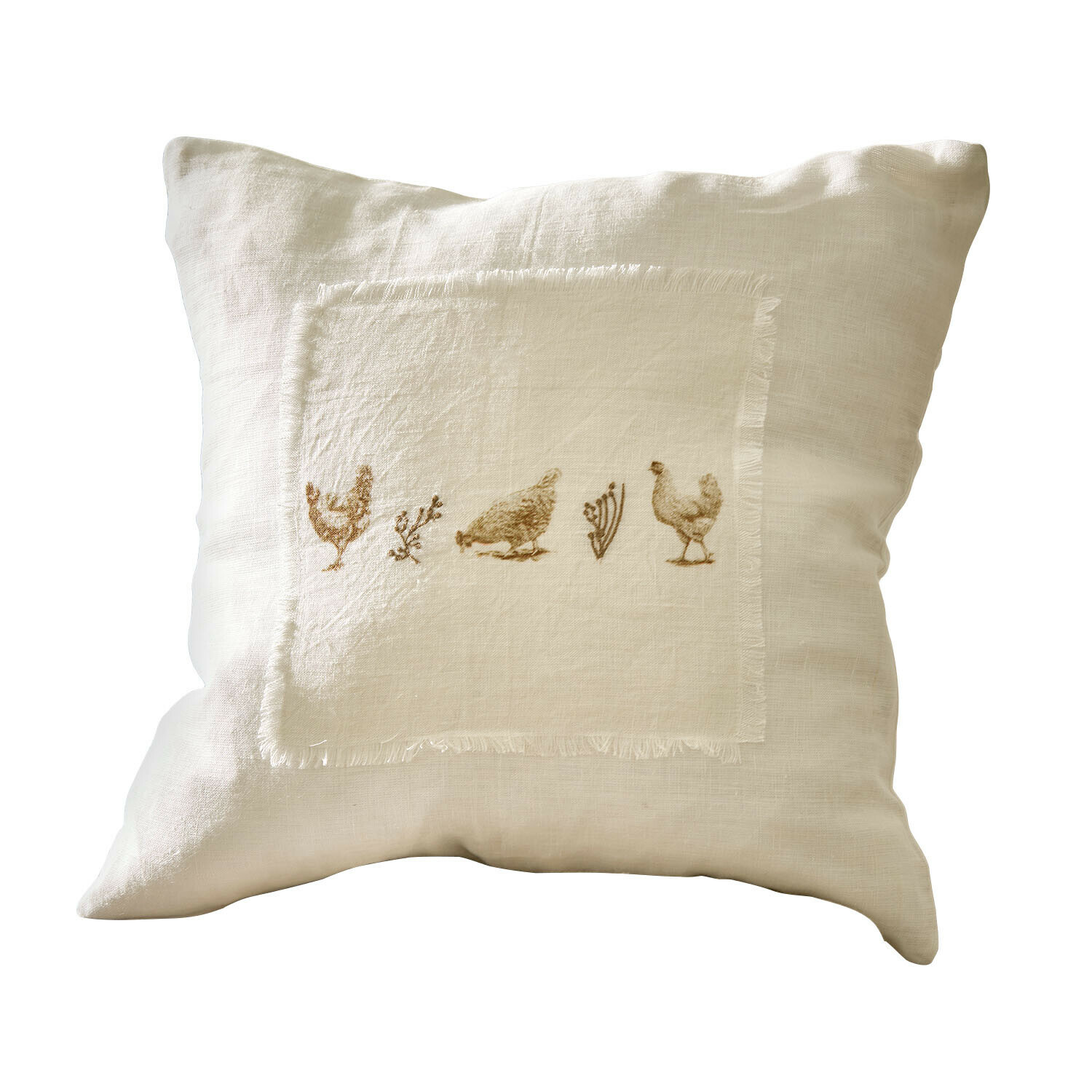 Copricuscino Chavéreau Cuscino beige in lino con stampa di galline e piante, copertura decorativa per soggiorno o camera