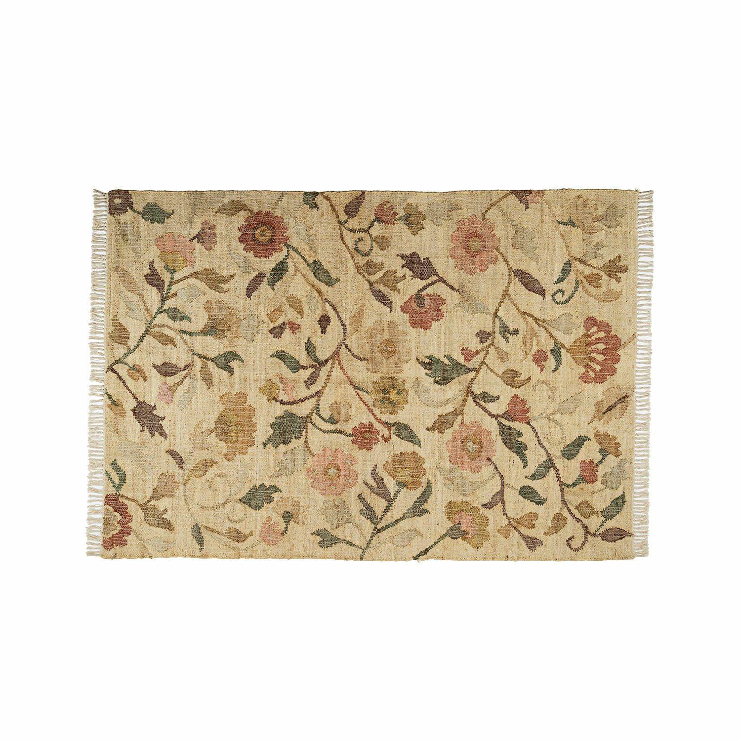 Tappeto Théranelle Tappeto beige in materiale naturale con motivo floreale e frange ai lati per arredamento