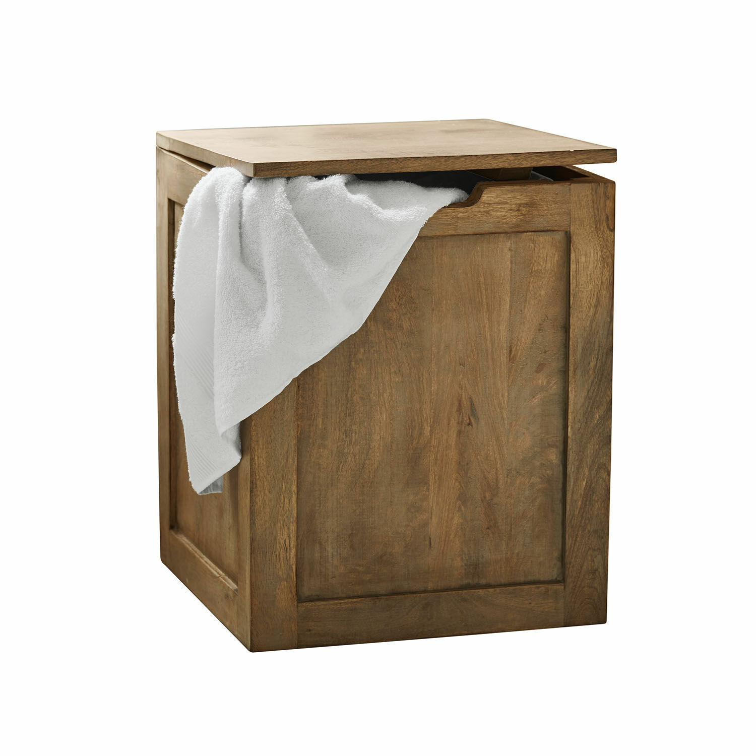 Portabiancheria Queristo Cassapanca in legno colore naturale con asciugamano bianco, mobile pratico per il bagno