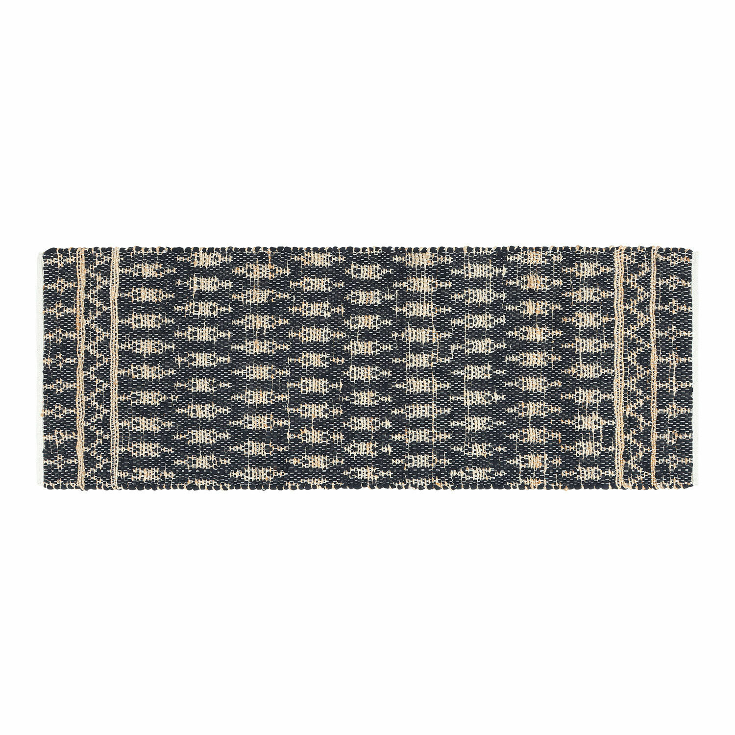 Passatoia Frizzy Tappeto tessuto nero e beige con motivo geometrico, ideale per decorazioni d'interni