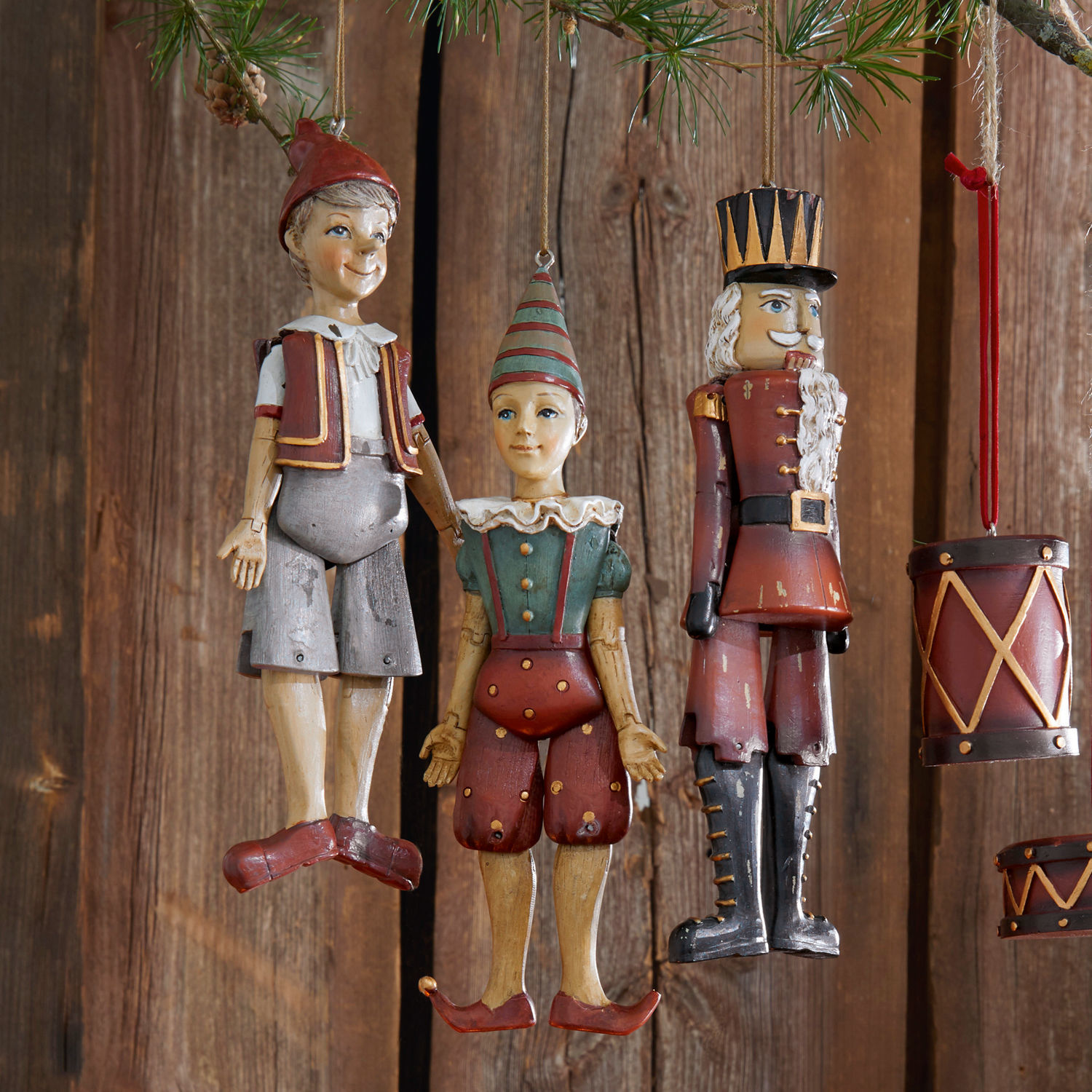 Set di 3 statuine Udine Decorazioni natalizie in legno con figure e tamburi nei colori rosso e verde