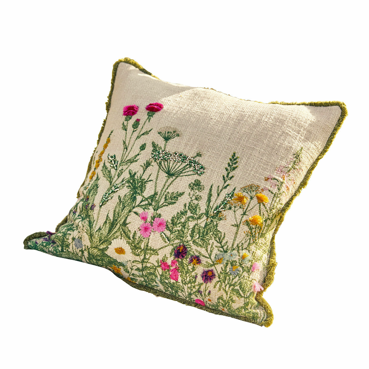 Copricuscino Aranno Cuscino beige in tessuto con ricamo di fiori selvatici e bordo verde, decorazione per soggiorno