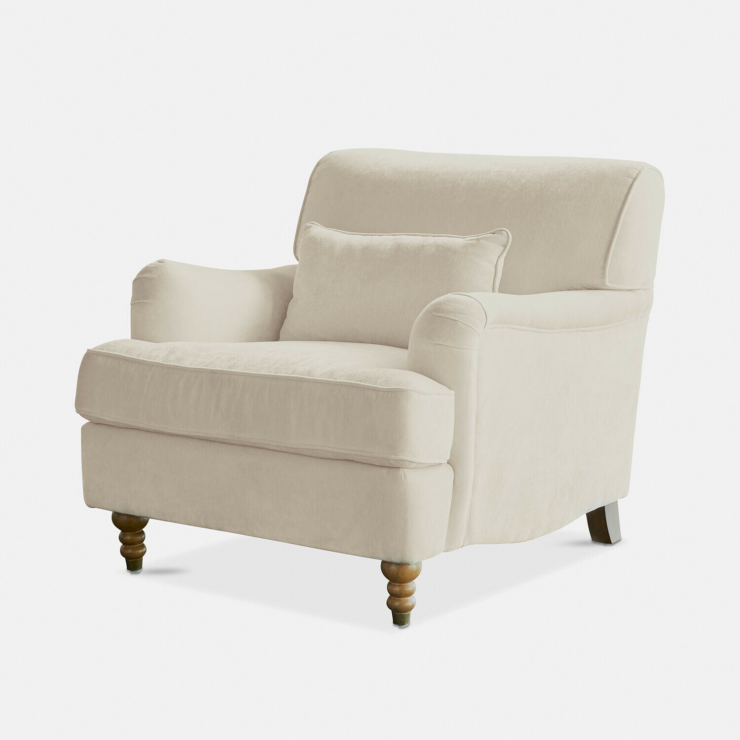 Poltrona beige imbottita in tessuto morbido con gambe in legno per soggiorno
