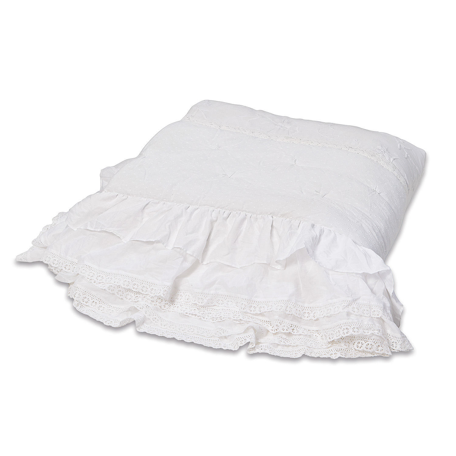 Trapunta Pittefaux Cuscino decorativo bianco in cotone con volant e pizzo, ideale per soggiorno o camera da letto