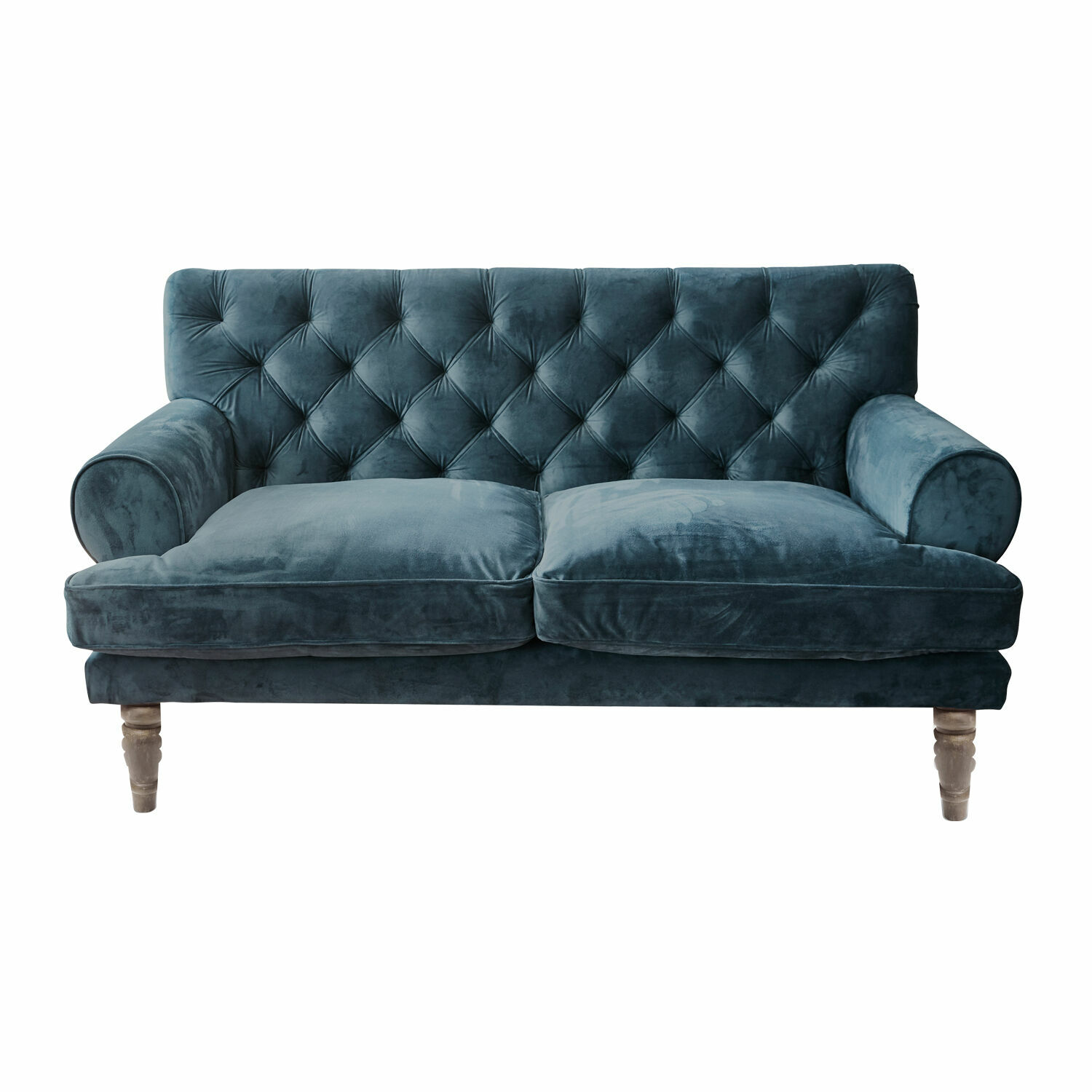 blu Divano blu in velluto con schienale capitonné e gambe in legno per soggiorno elegante
