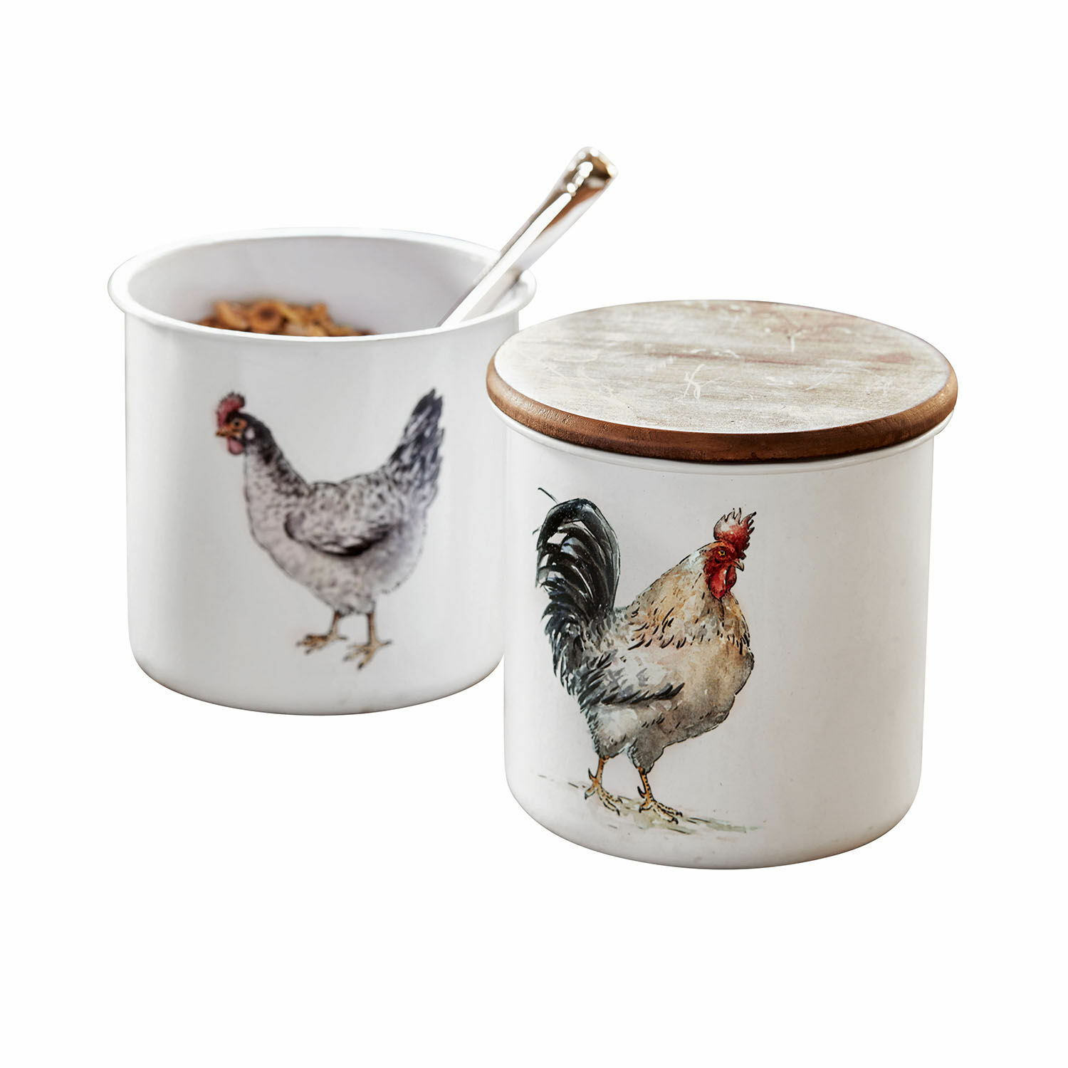 Coppia di barattoli Nobles Contenitori da cucina in ceramica bianca con coperchio in legno e stampa di gallina e gallo