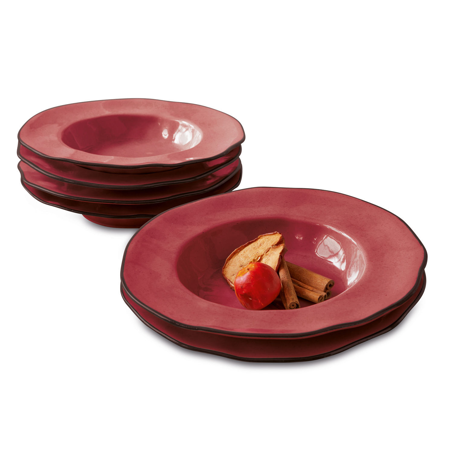 Servizio di 6 piatti fondi Biarré Set di piatti fondi in ceramica rossa con bordo decorativo per servire zuppe