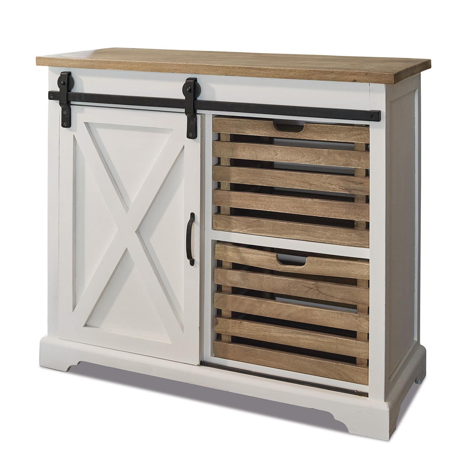 Comò Bastid Credenza bianca in legno con piano naturale e due cassetti in legno di mango, mobile contenitore