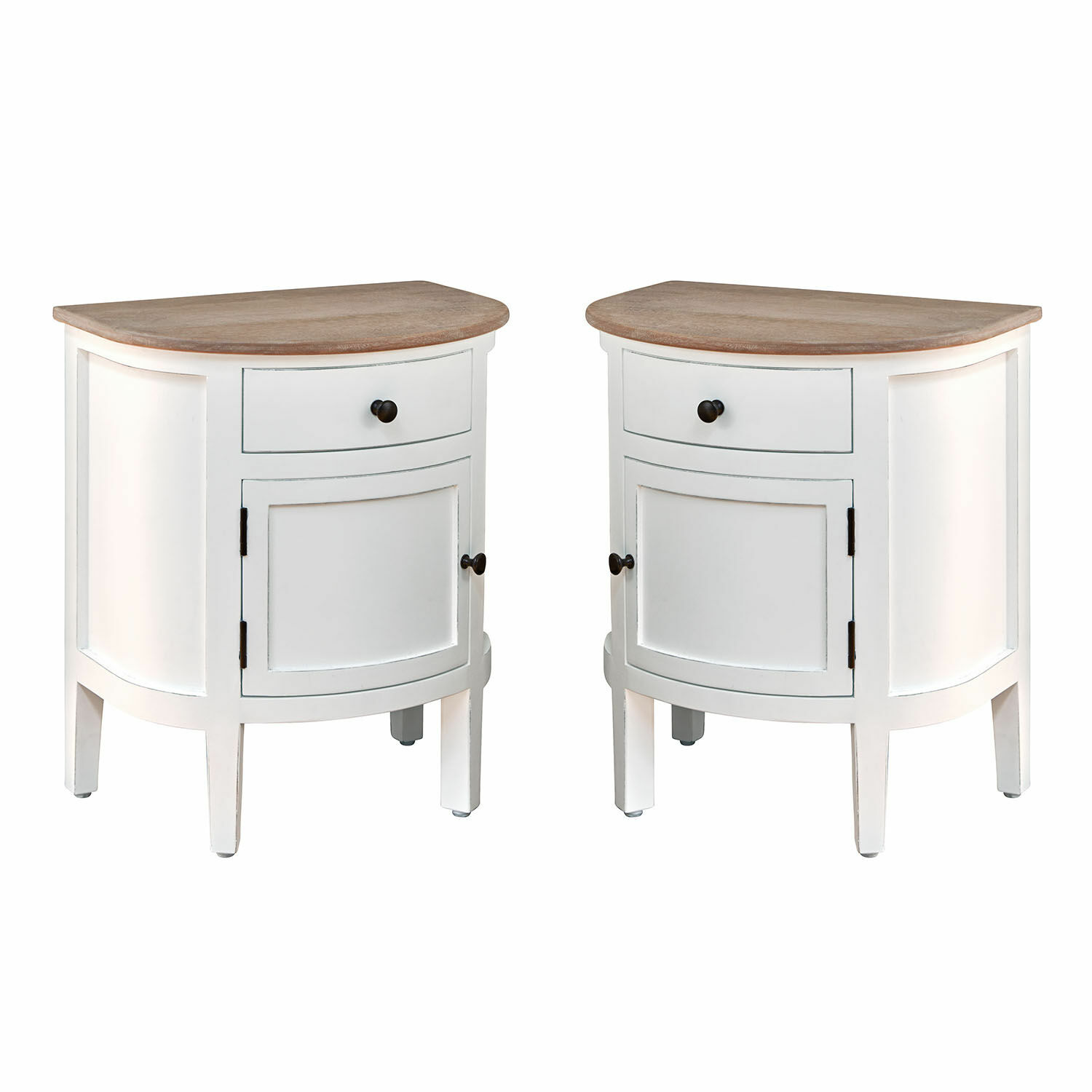Coppia di comodini Arvelin Coppia di comodini angolari bianchi in legno con cassetto e piano in legno chiaro per soggiorno