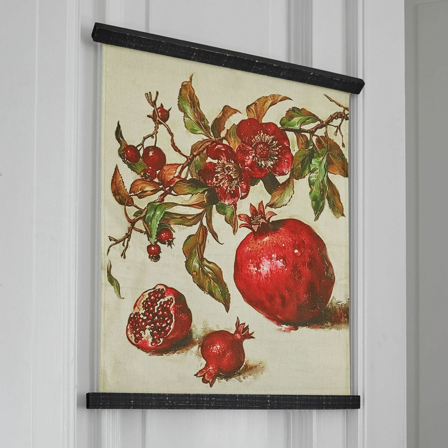 Stampa decorativa Karidah Quadro su tela con melograni rossi e foglie verdi, decorazione murale elegante