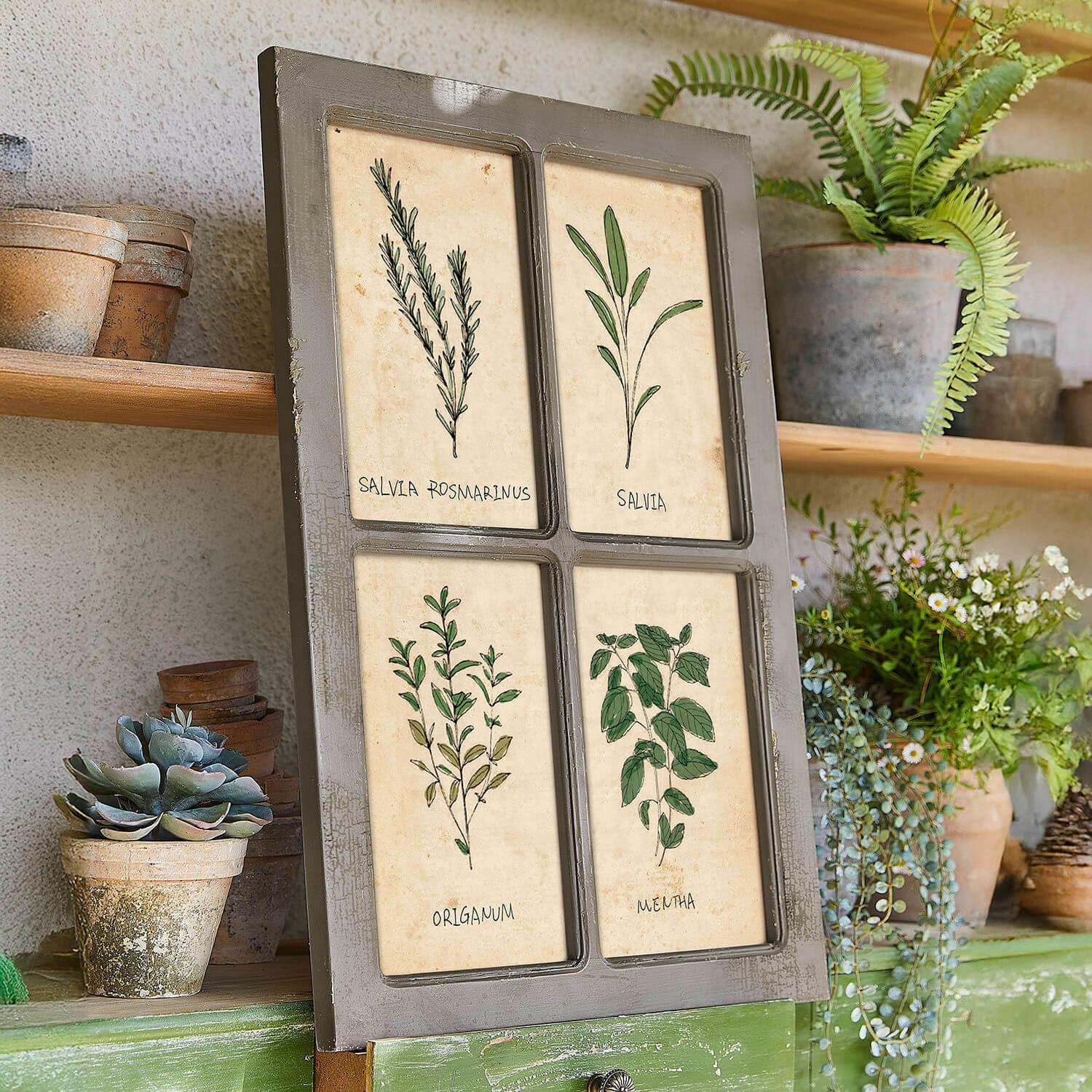 Quadro Beaurive Tavola decorativa con quattro illustrazioni di erbe su sfondo beige in cornice grigia, stile rustico