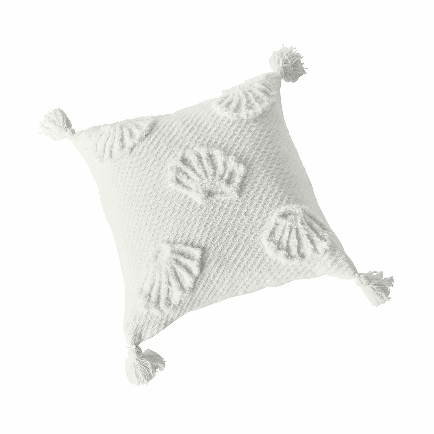 Copricuscino Saroufa Cuscino decorativo bianco in cotone con nappine e motivo conchiglia, tessile per la casa