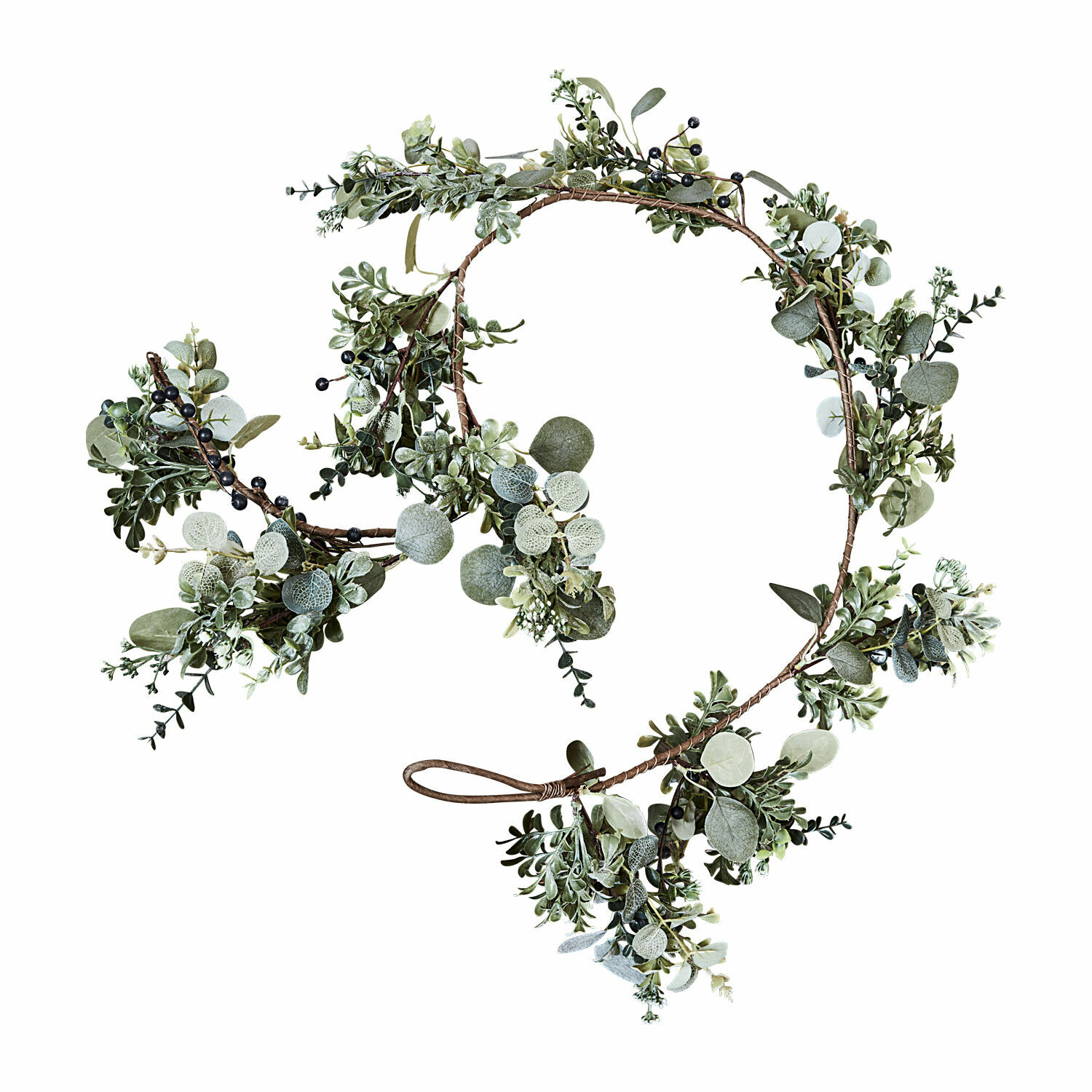 Festone Grand Corona decorativa con foglie verdi e bacche nere su ramo marrone per decorazione d'interni