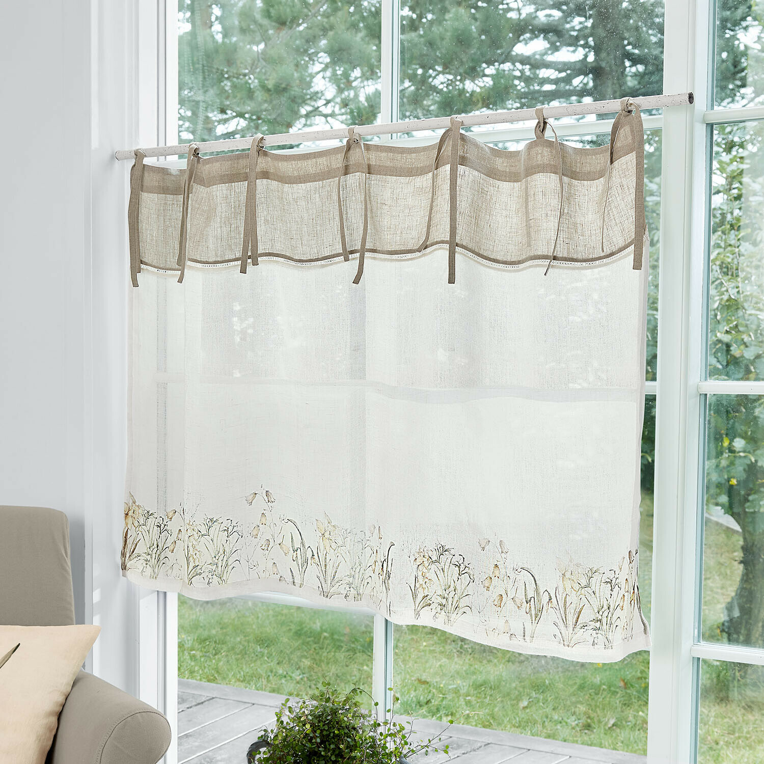 Tendina a vetro Lozere Tenda in lino beige con motivo floreale sul bordo inferiore, tendina decorativa per soggiorno o cucina