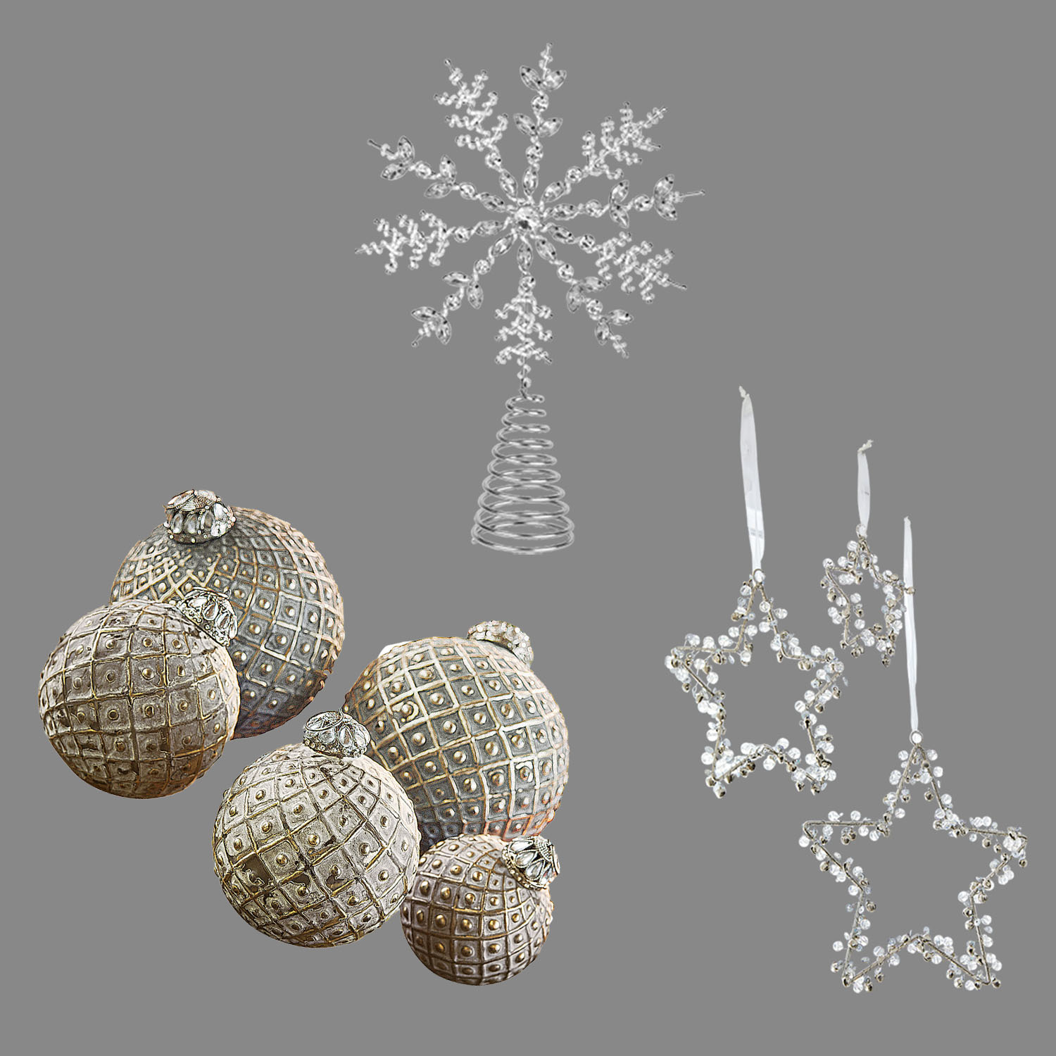Set di decorazioni natalizie argento con palline decorate, stelle e fiocco di neve in cristallo