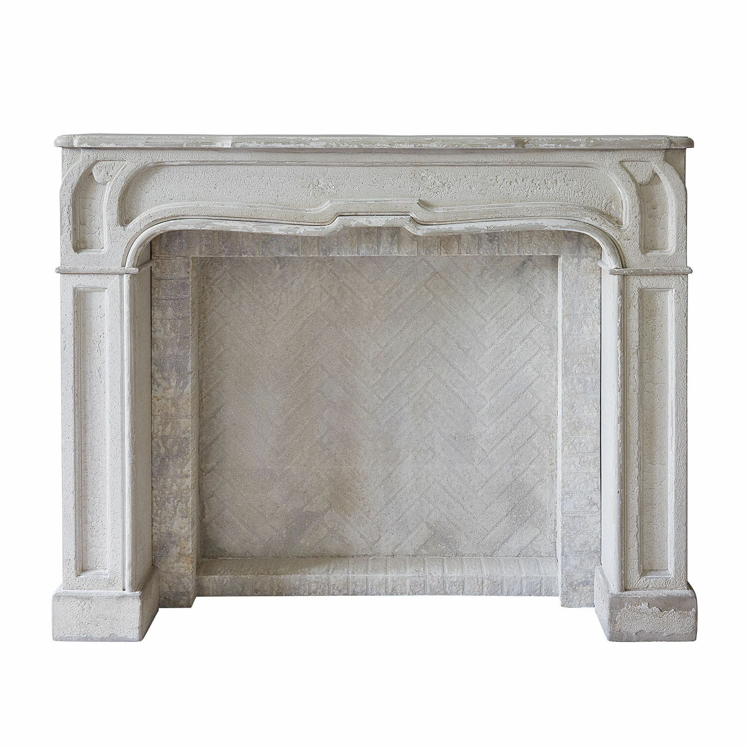 Consolle caminetto Woodcroft Classico camino in pietra bianca con dettagli decorativi e finitura rustica