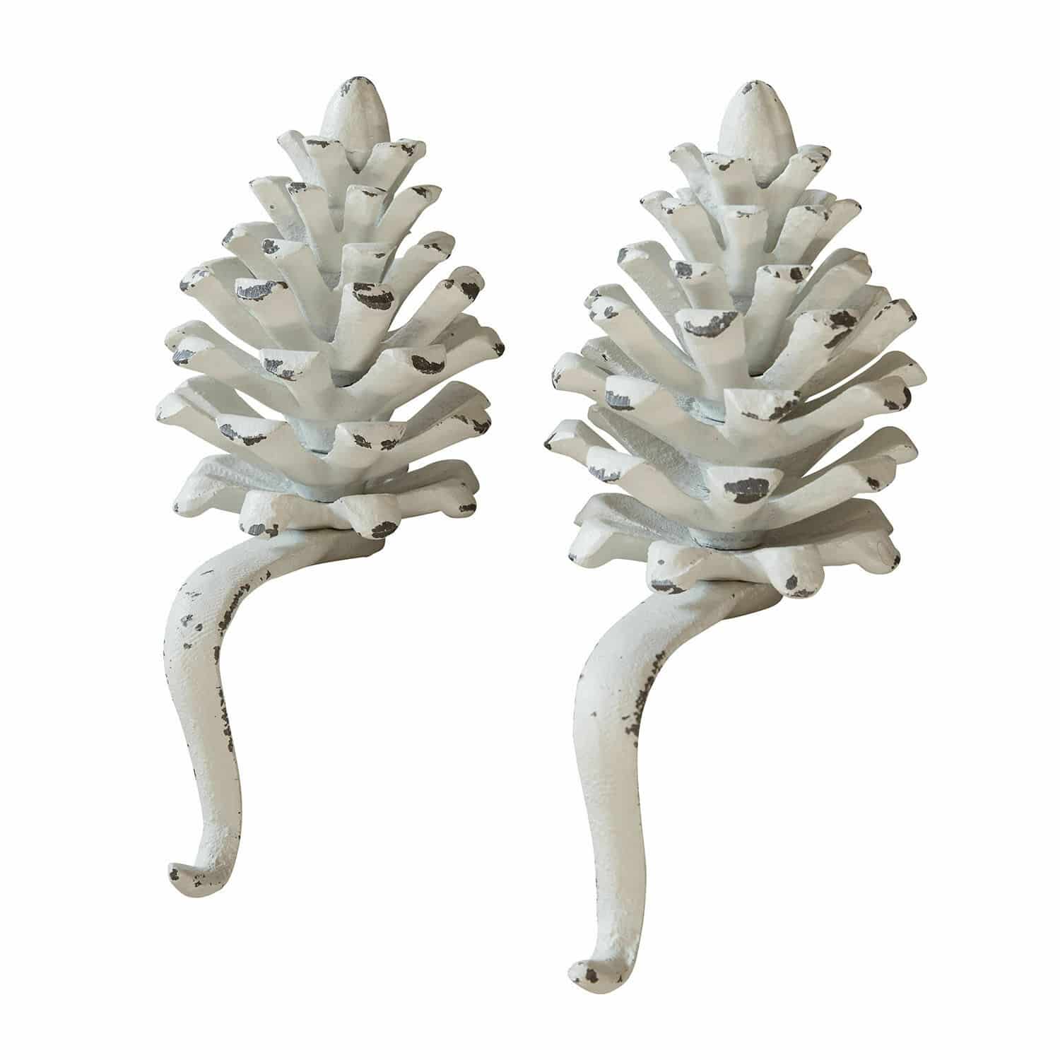 bianco antico Set di due ganci decorativi in ferro bianco antico a forma di pigna