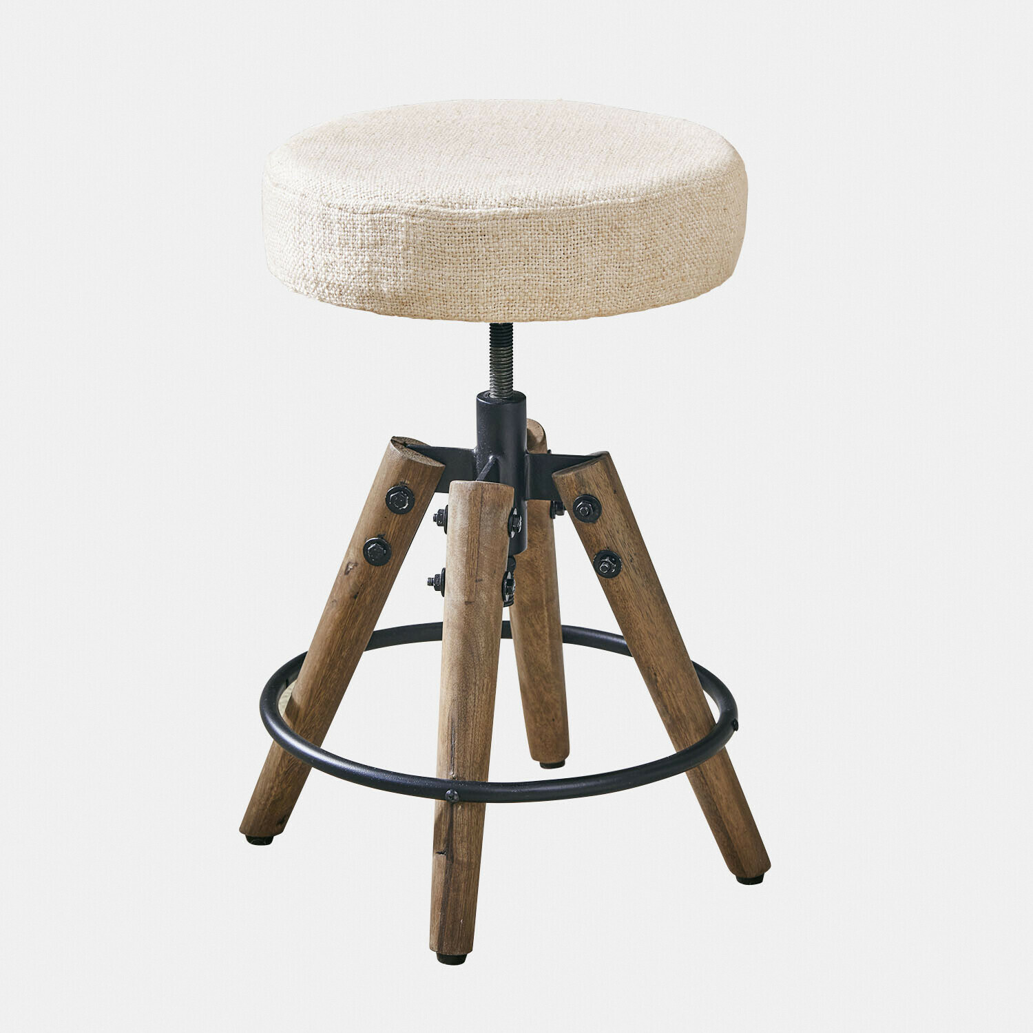 Sgabello per bambini Twist Sgabello regolabile con gambe in legno e seduta in tessuto beige, design industriale moderno