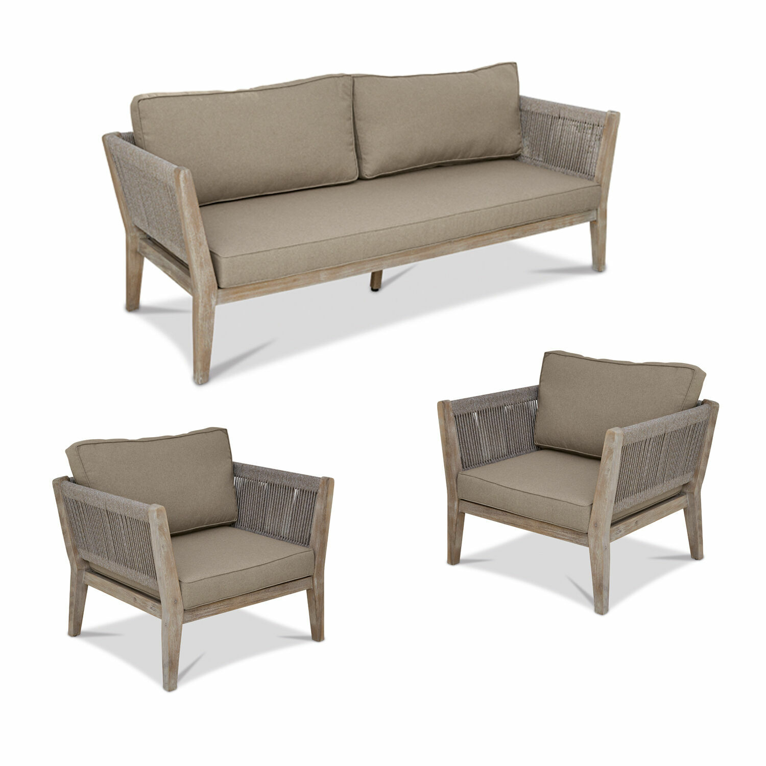 Salottino FSC®-100% Biarritz Set di mobili da giardino con cuscini beige e struttura in legno con lati intrecciati