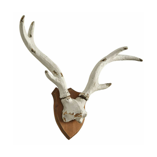 Corna decorative bianche su base in legno da appendere a parete