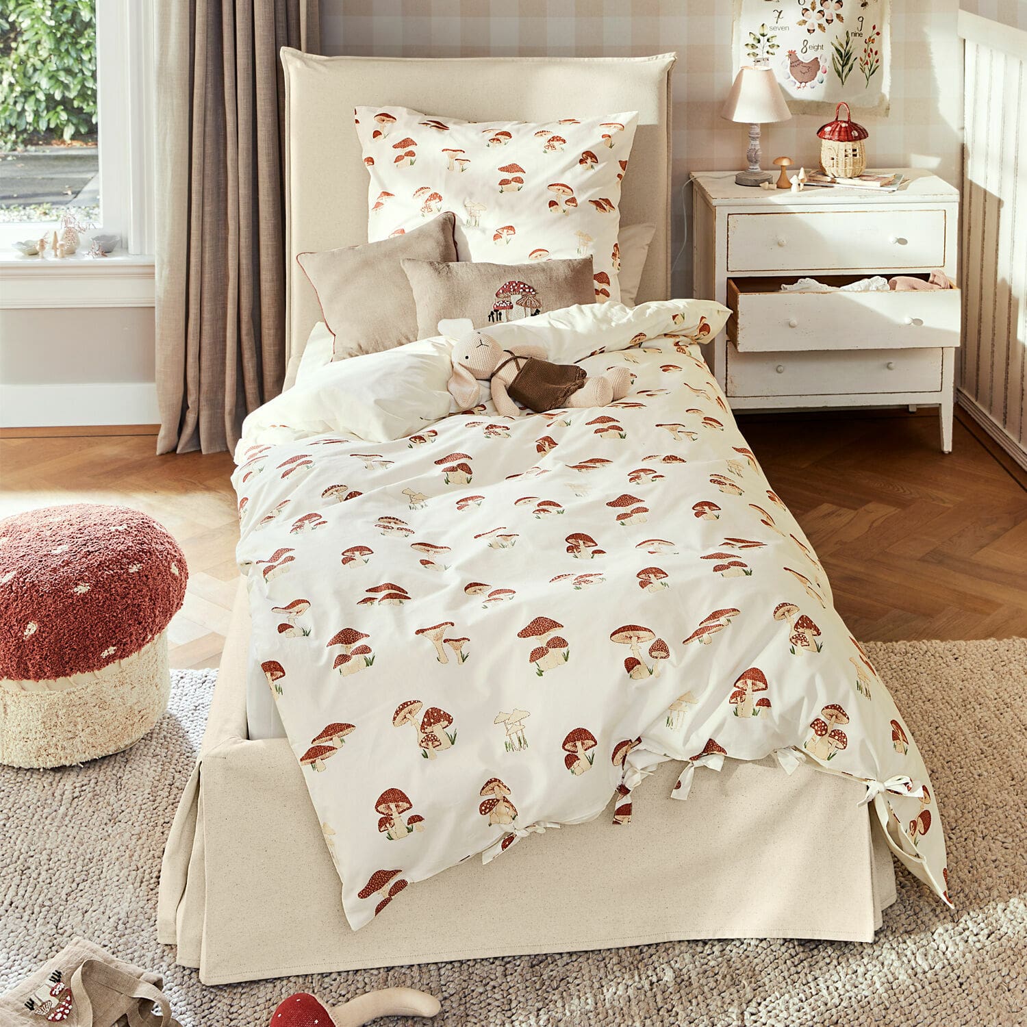 Letto Mouradon Biancheria da letto in cotone crema con stampa di funghi rossi, decorazione accogliente per cameretta