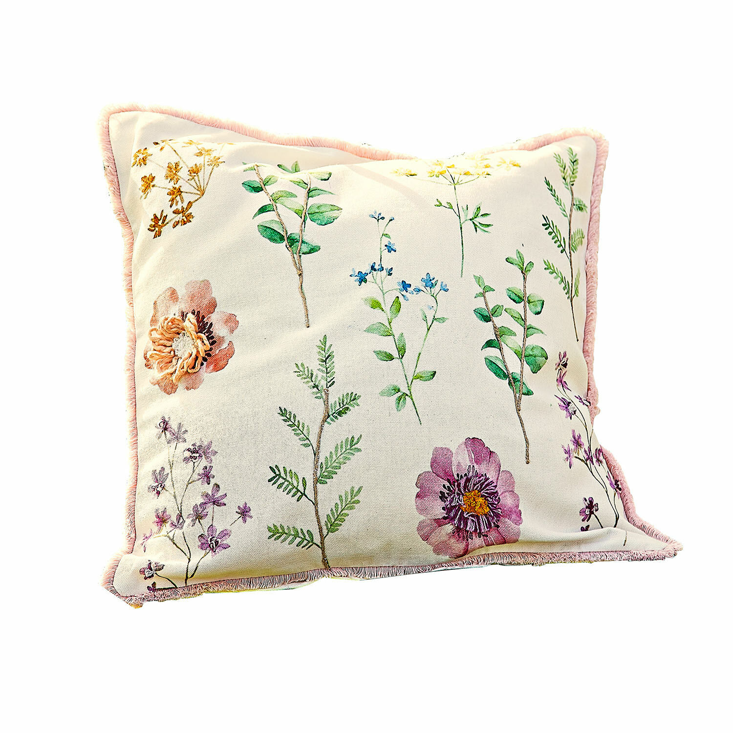 Copricuscino Fahzoura Cuscino decorativo in cotone crema con stampa floreale e bordo rosa per soggiorno
