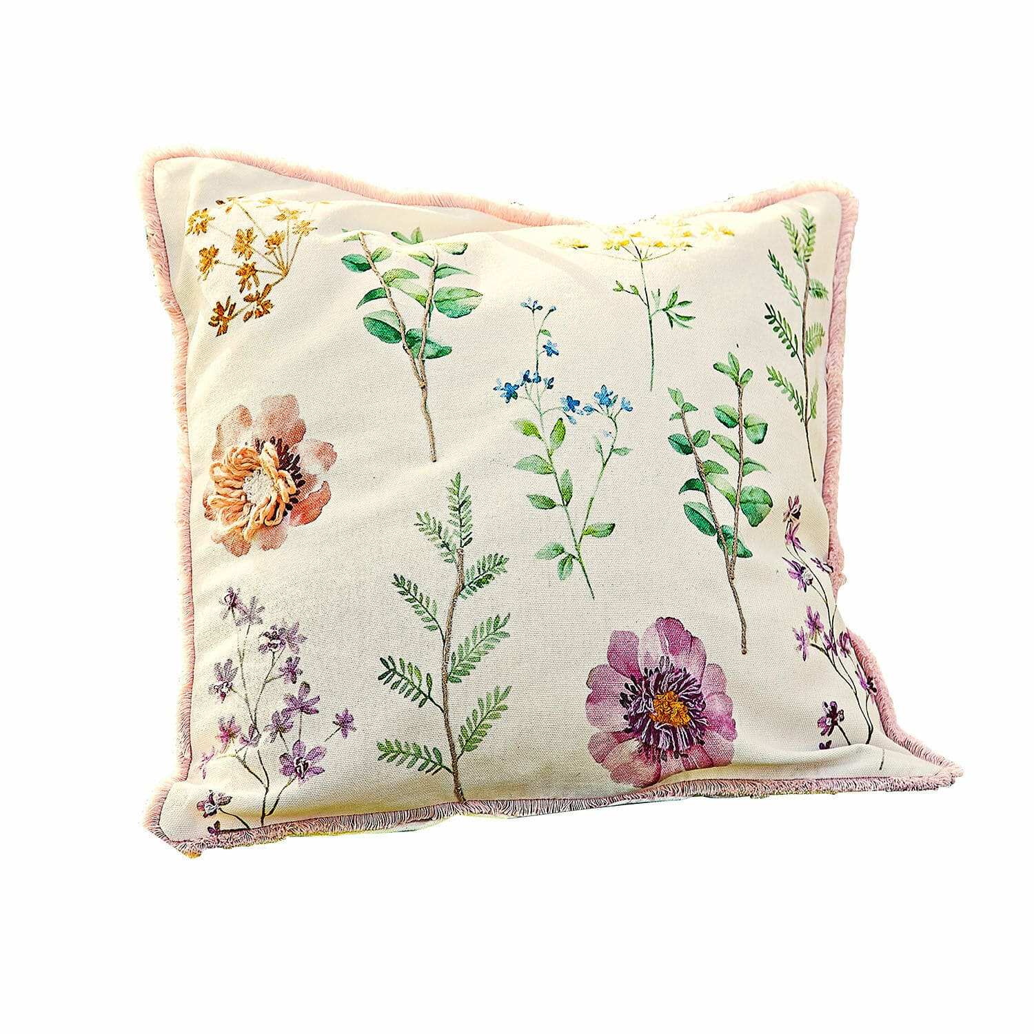 Copricuscino Fahzoura Cuscino decorativo in cotone crema con stampa floreale e bordo rosa per soggiorno
