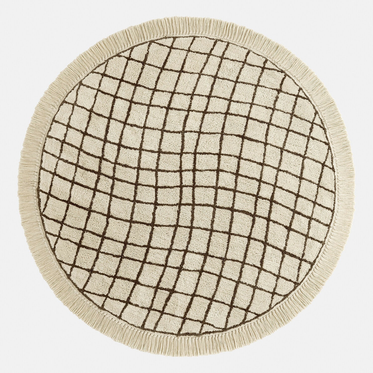 Tappeto rotondo in cotone crema con motivo geometrico marrone e frange decorative