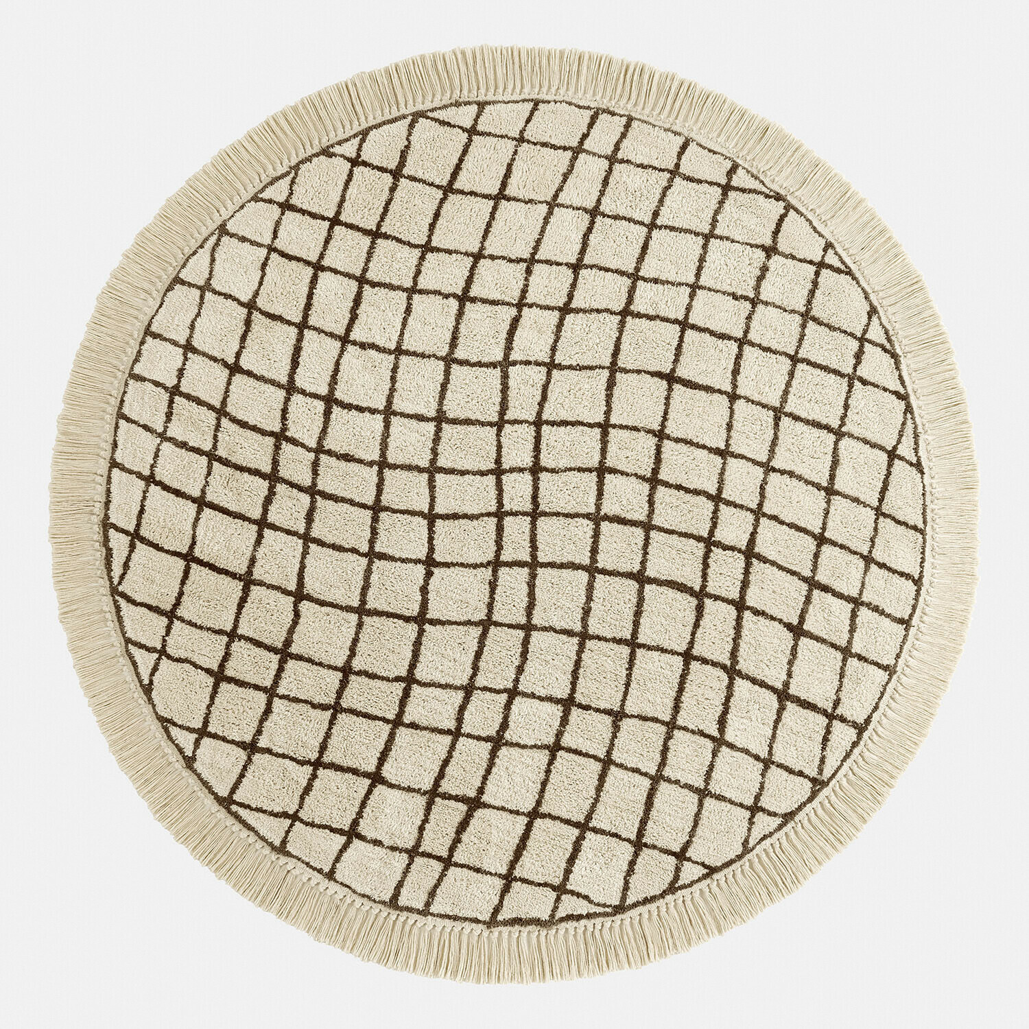 Tappeto Puffino Tappeto rotondo in cotone crema con motivo geometrico marrone e frange decorative