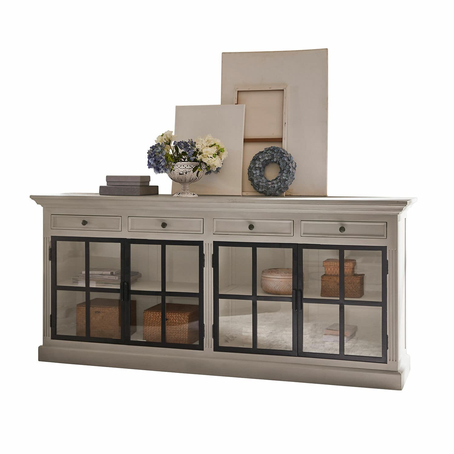 Credenza bassa Pratola Madia in legno bianco con ante in vetro nero e decorazioni sopra per soggiorno